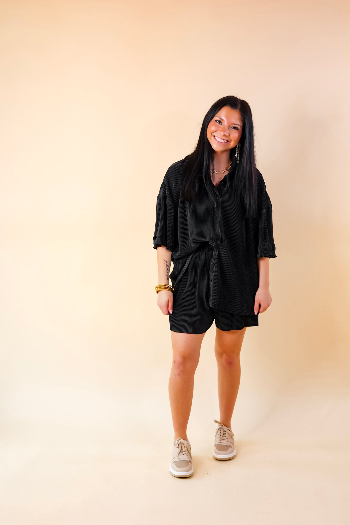 Make Me Dance Plissé Ribbed Button Up Top in Black - Giddy Up Glamour Boutique