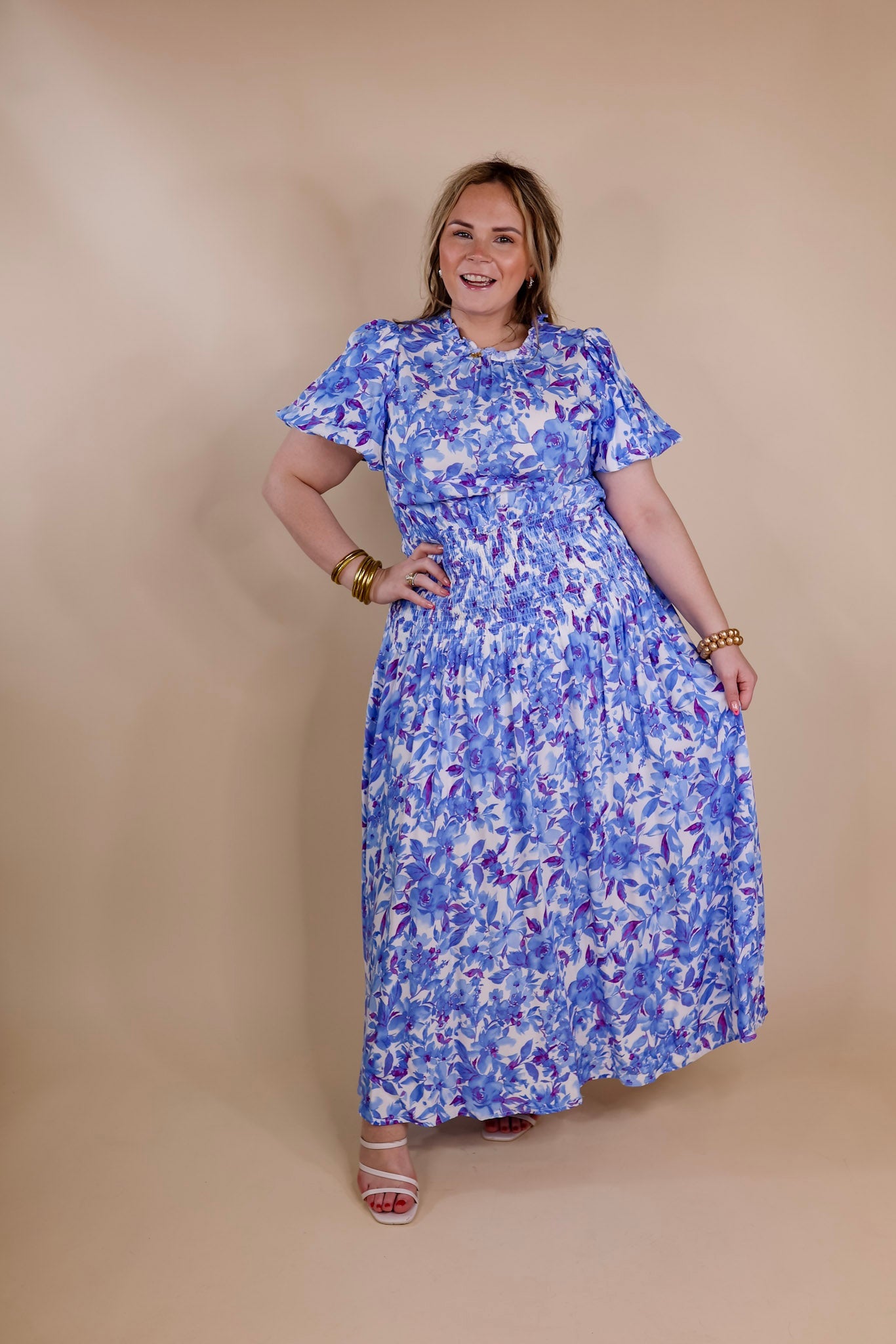 Moonlit Bay Floral High Neck Maxi dress with Smocked Waistline in Blue - Giddy Up Glamour Boutique