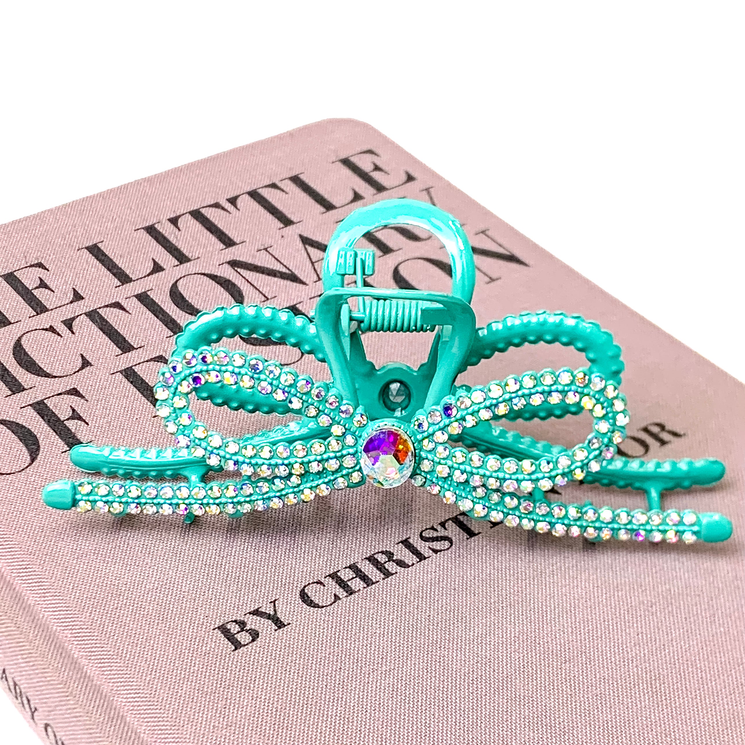 AB Crystal Embellished Ribbon Shaped Metal Hair Clip in Turquoise Blue - Giddy Up Glamour Boutique