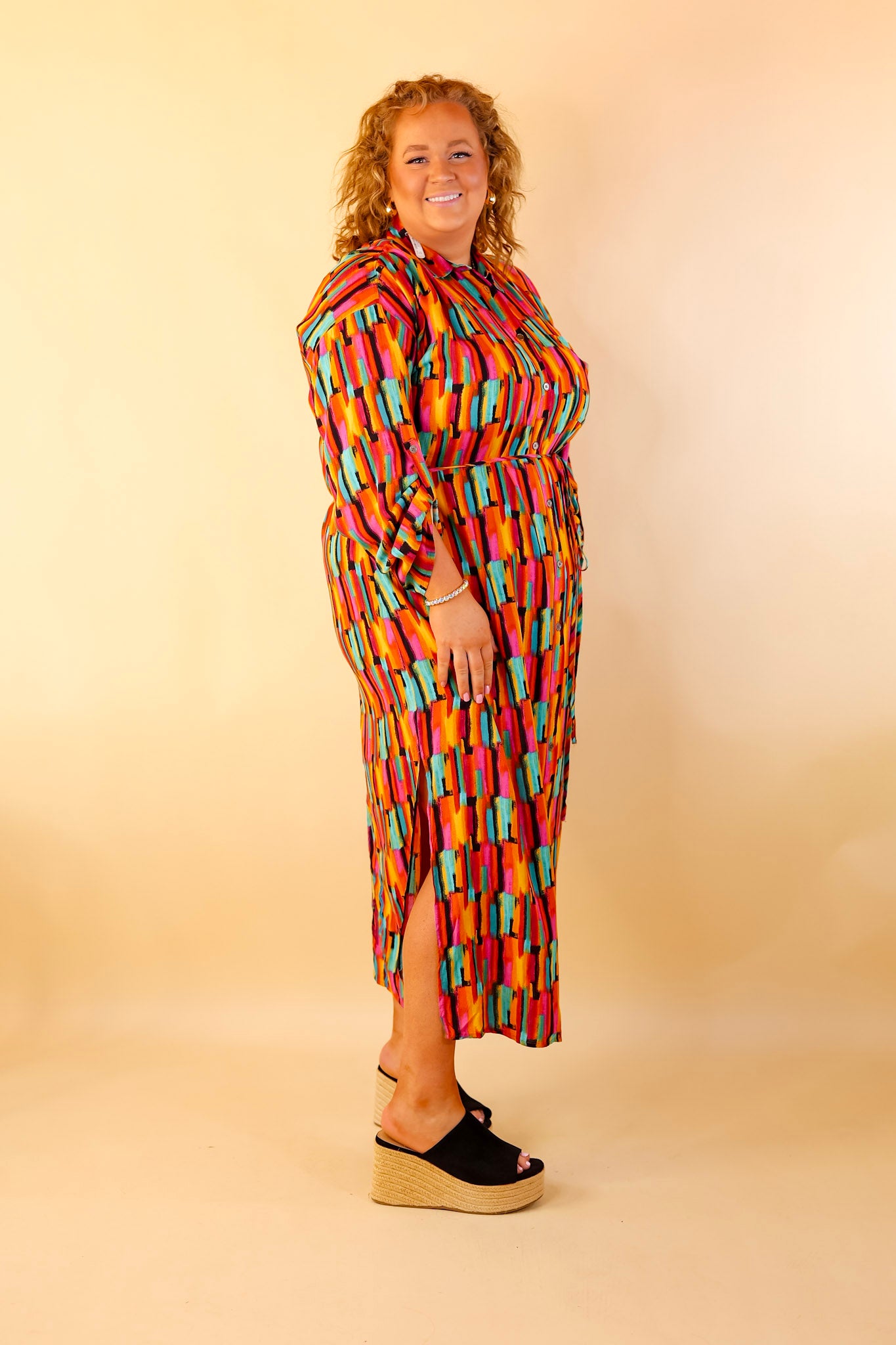 Play It Again Button Up Watercolor Maxi Dress With Embroidered Back - Giddy Up Glamour Boutique