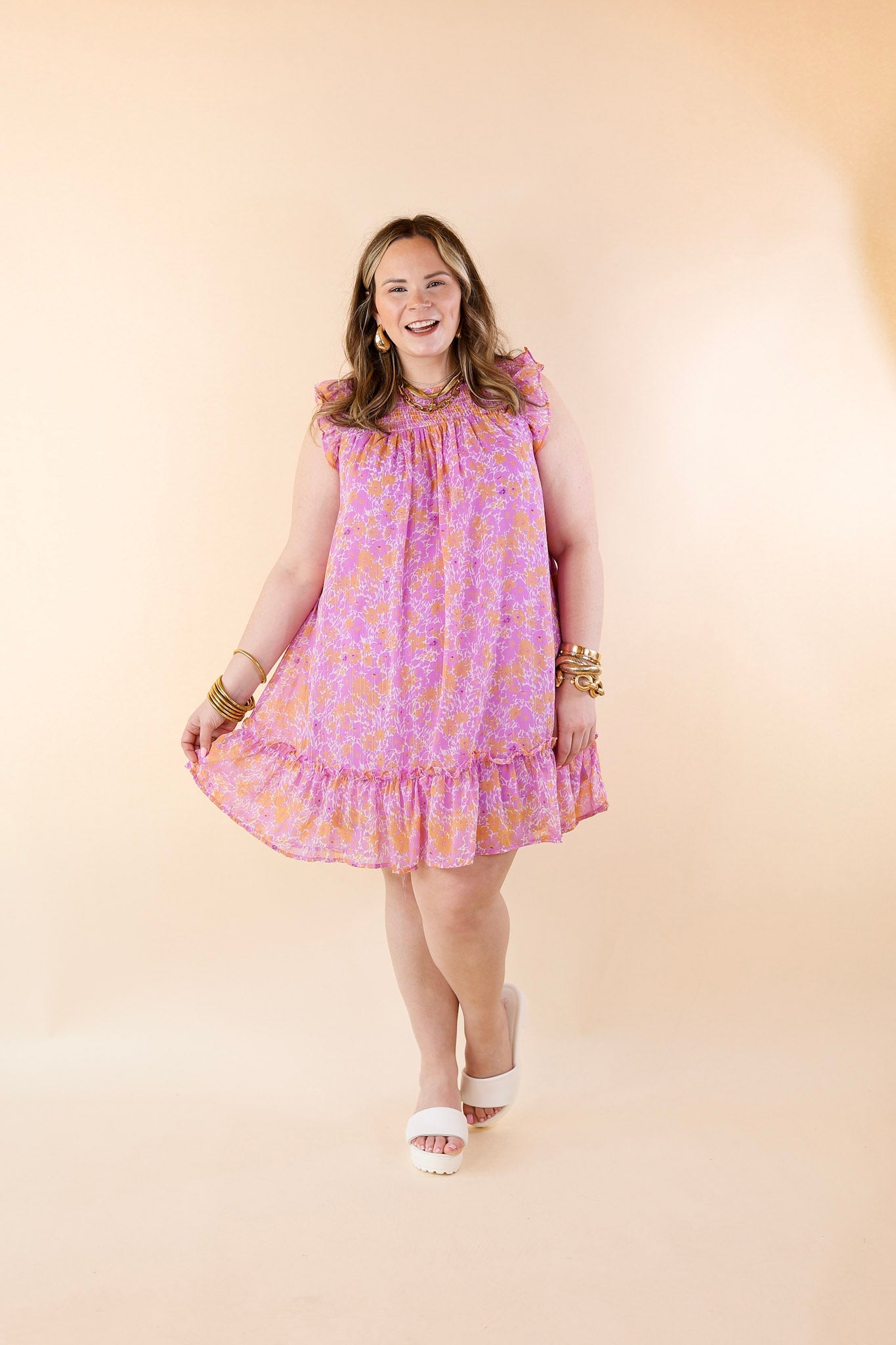 New To The Scene Floral Dress with Ruffle Cap Sleeves in Purple and Orange - Giddy Up Glamour Boutique