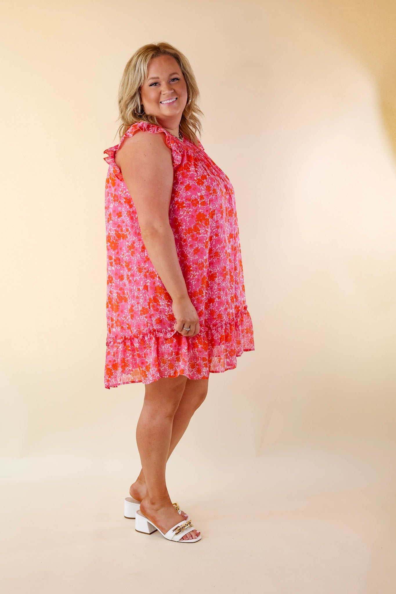 New To The Scene Floral Dress with Ruffle Cap Sleeves in Red and Pink - Giddy Up Glamour Boutique