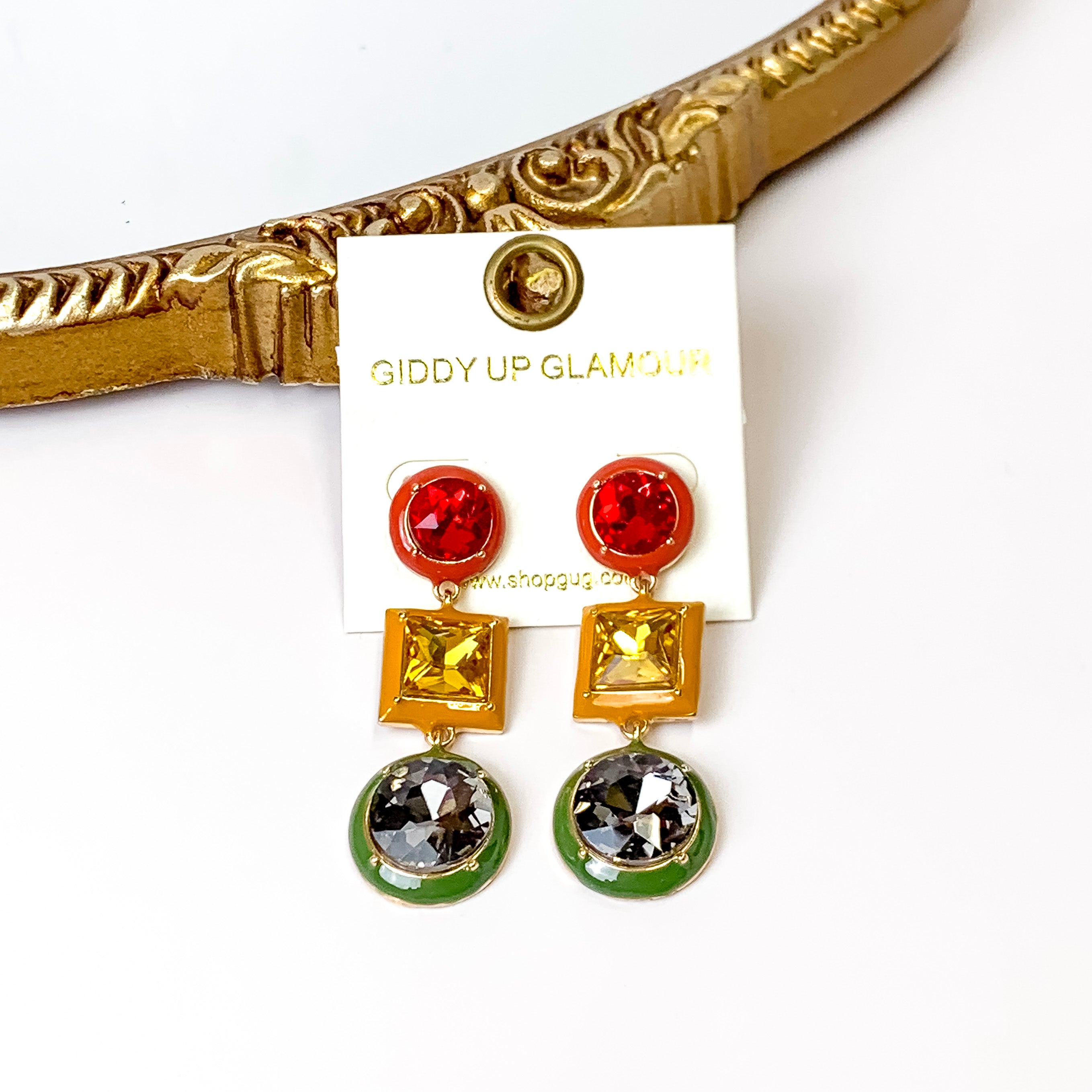 3 Tier Multicolor Enamel Drop Earrings in Red/Yellow/Green - Giddy Up Glamour Boutique