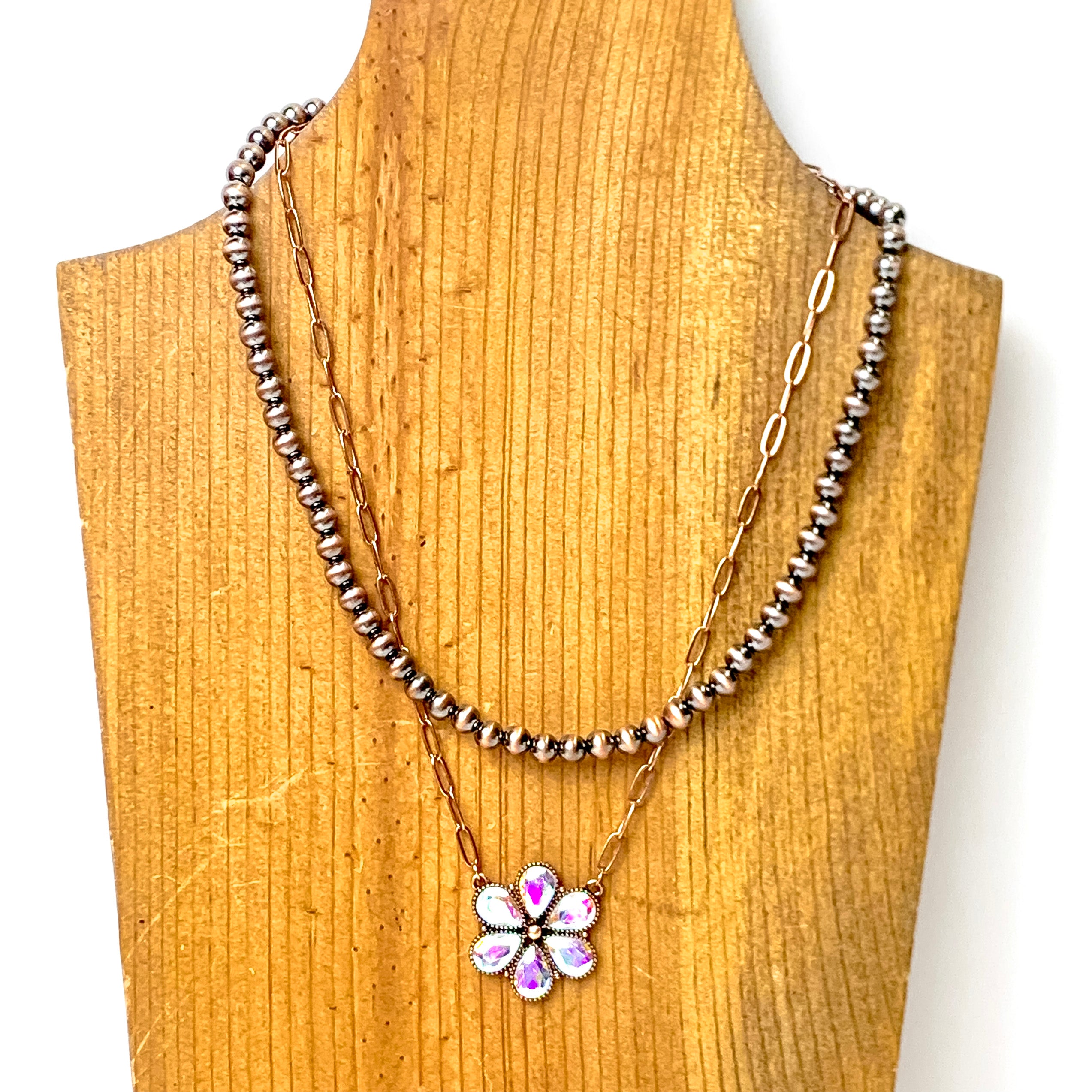 Prairie Petals Faux Navajo Pearl and Chain Necklace in Copper Tone - Giddy Up Glamour Boutique