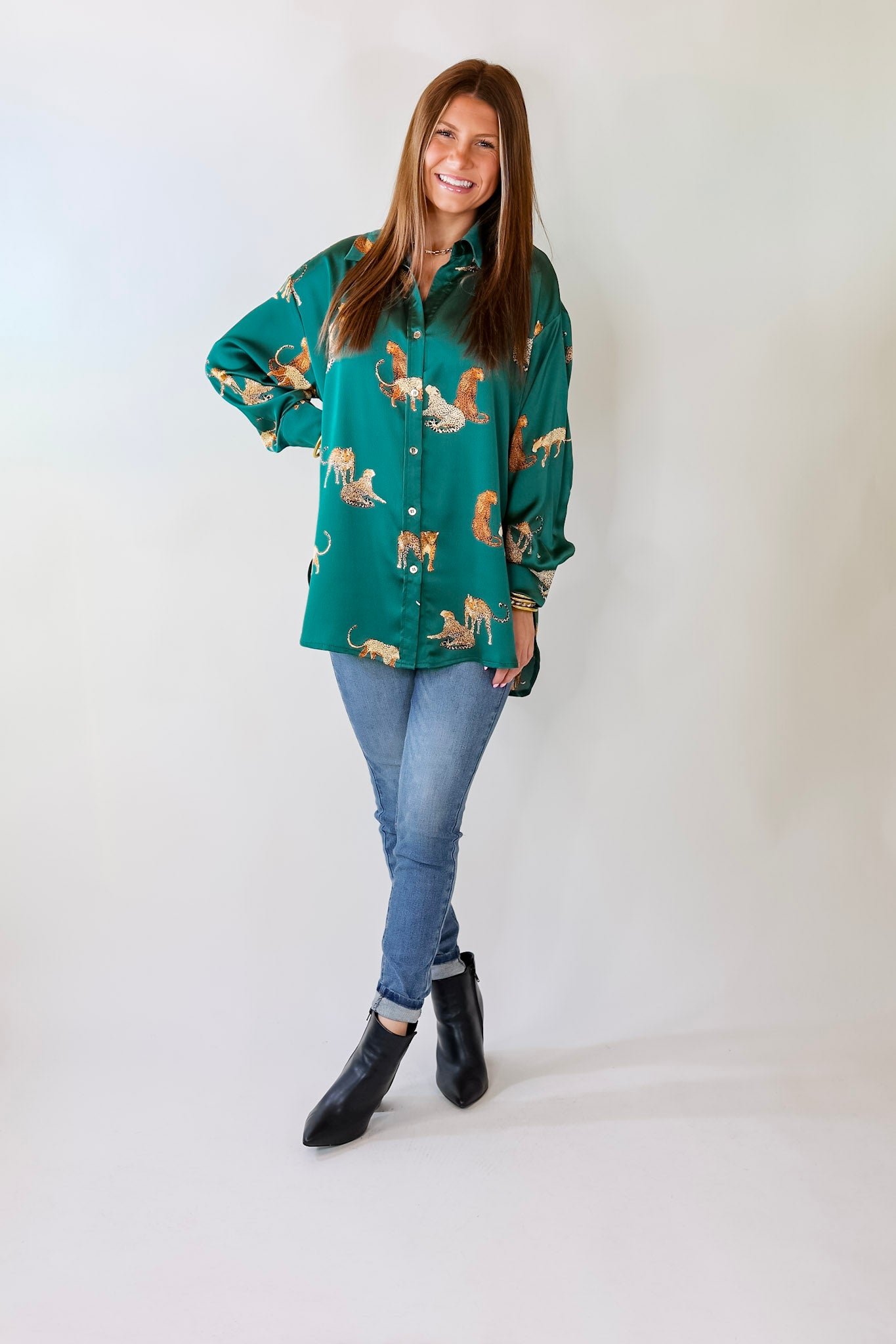 Tell Me Something Good Cheetah Print Long Sleeve Button Up Top in Hunter Green - Giddy Up Glamour Boutique