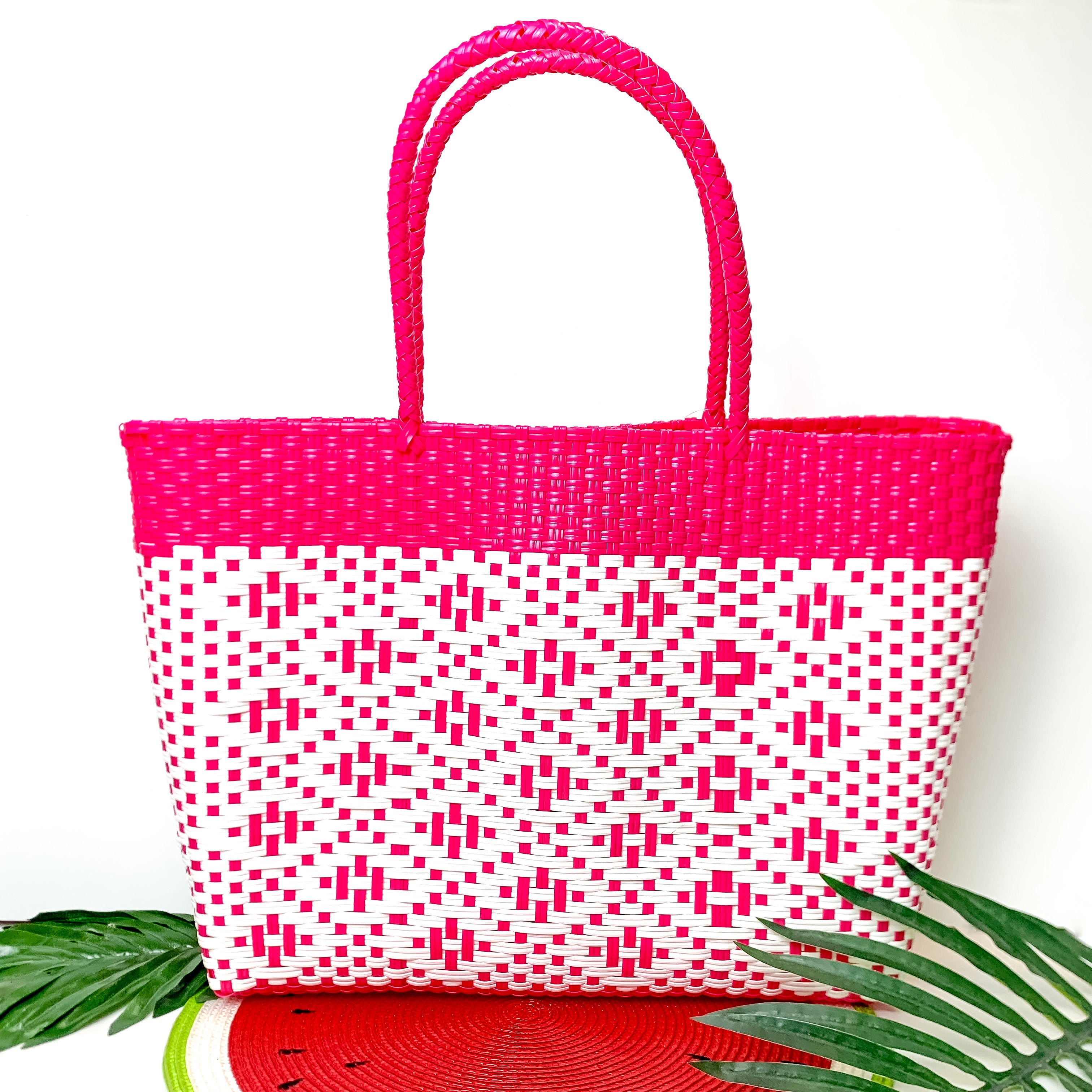 Sonoran Sky Market Tote Bag in Neon Pink and White - Giddy Up Glamour Boutique