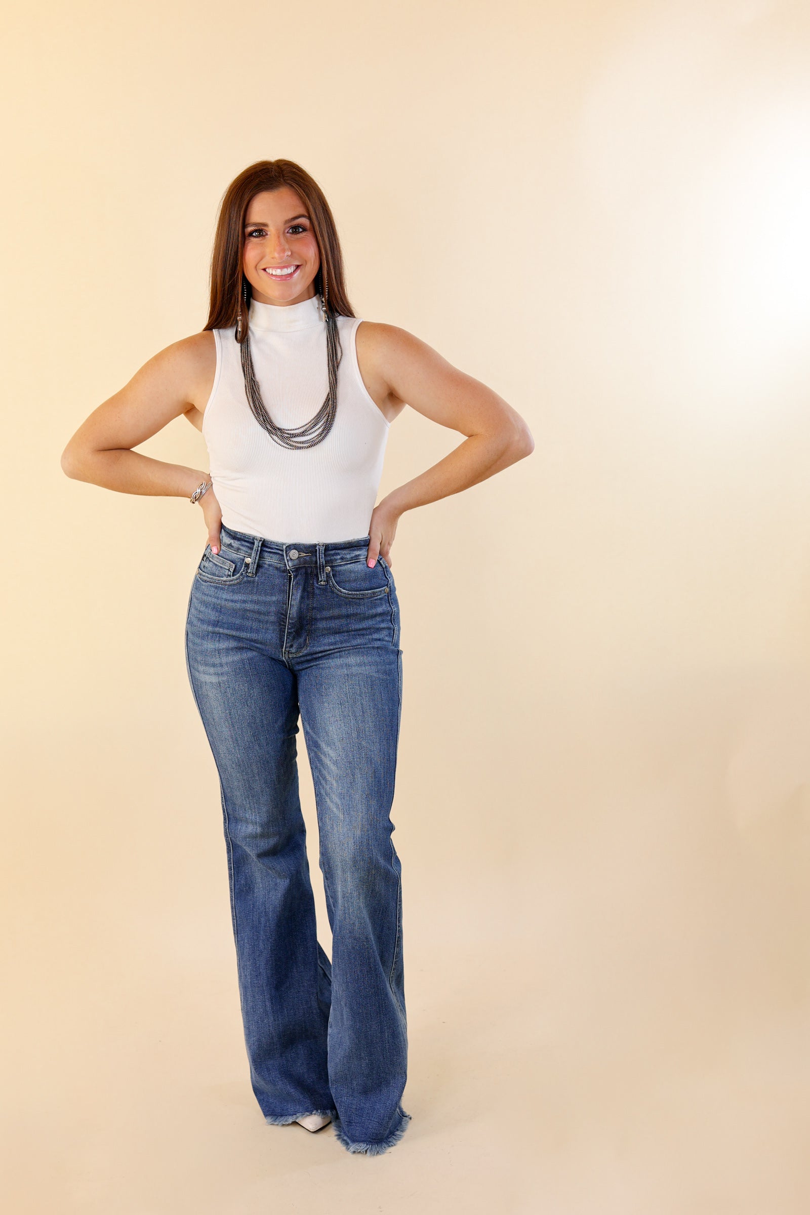 Judy Blue | Give Me The Scoop Tummy Control Fray Hem Flare Jeans in Medium Wash - Giddy Up Glamour Boutique