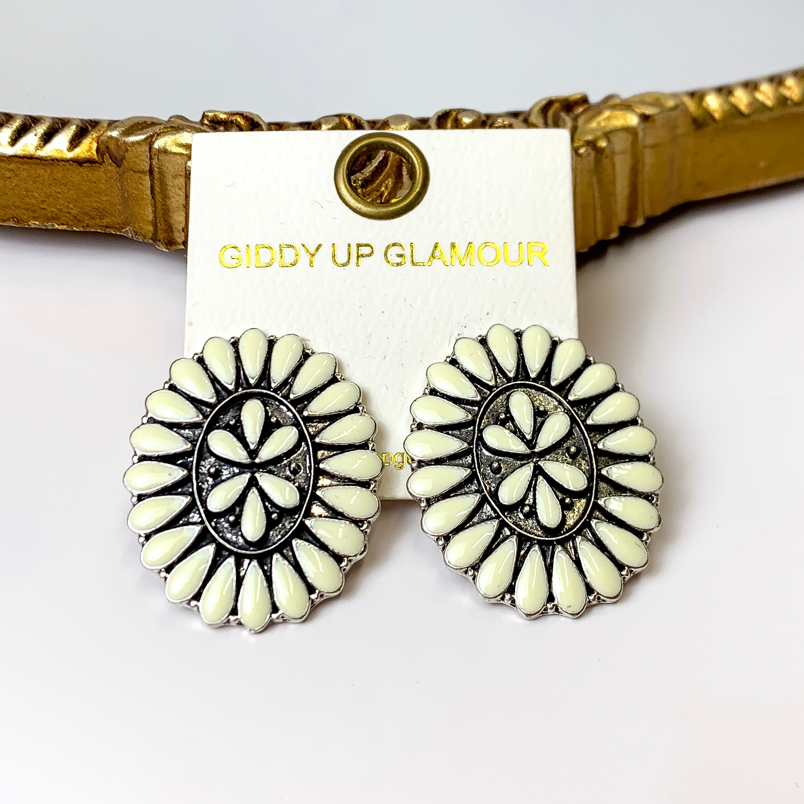 Our Last Dance Oval Concho Cluster Epoxy Stud Earrings in Ivory and Silver Tone - Giddy Up Glamour Boutique