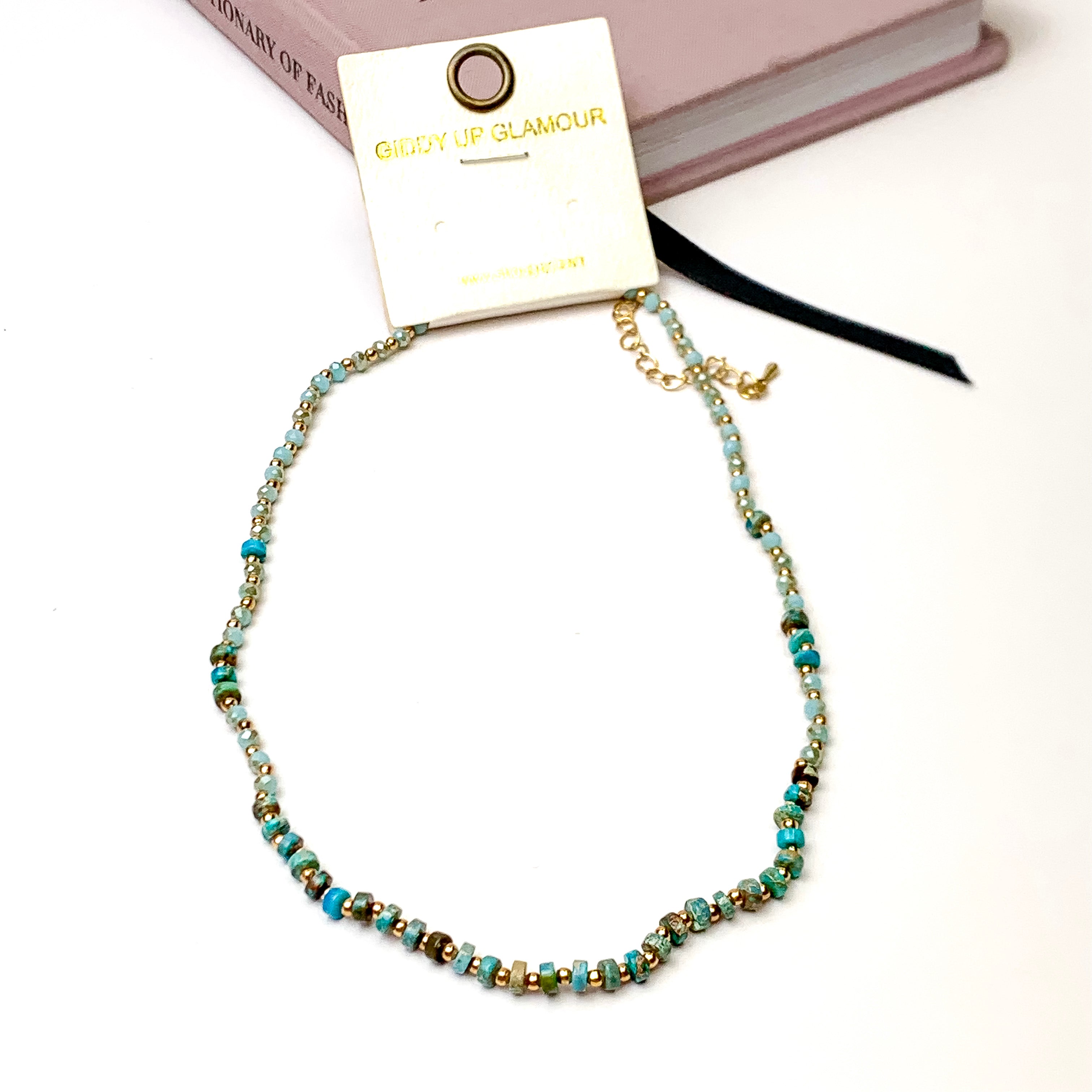 Natural Stone and Crystal Beaded Necklace in Turquoise Blue - Giddy Up Glamour Boutique
