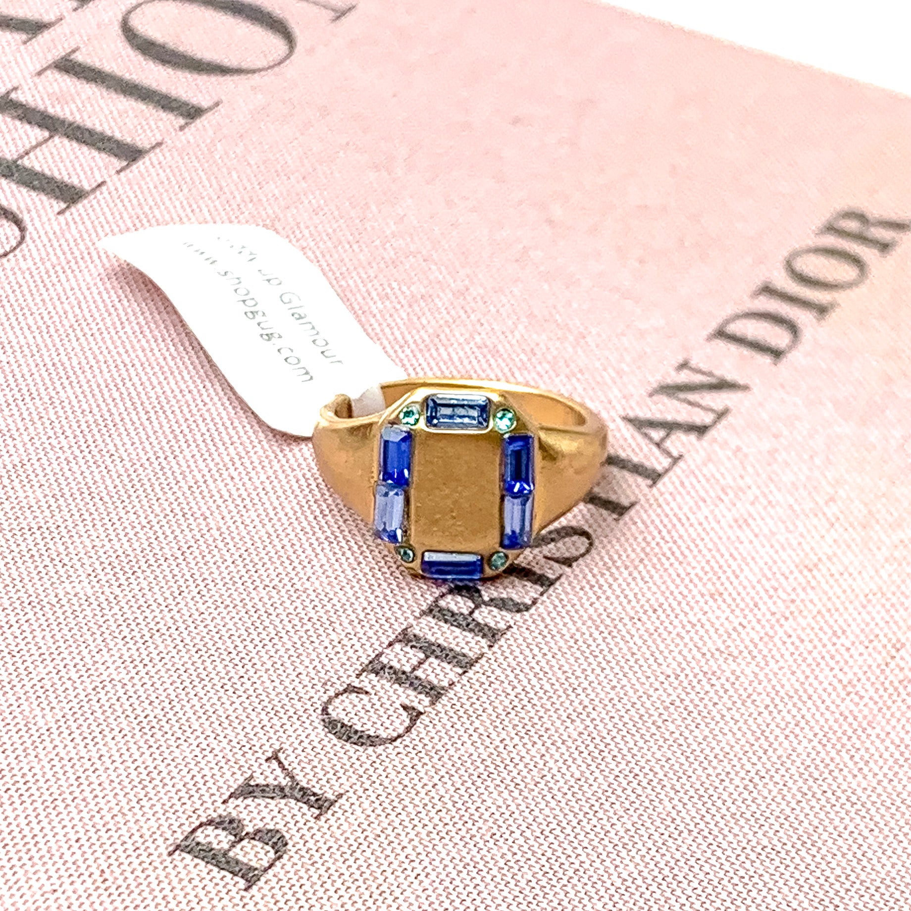 Gold Tone Rectangle Shaped Ring with Mix of Blue Outline Crystals - Giddy Up Glamour Boutique