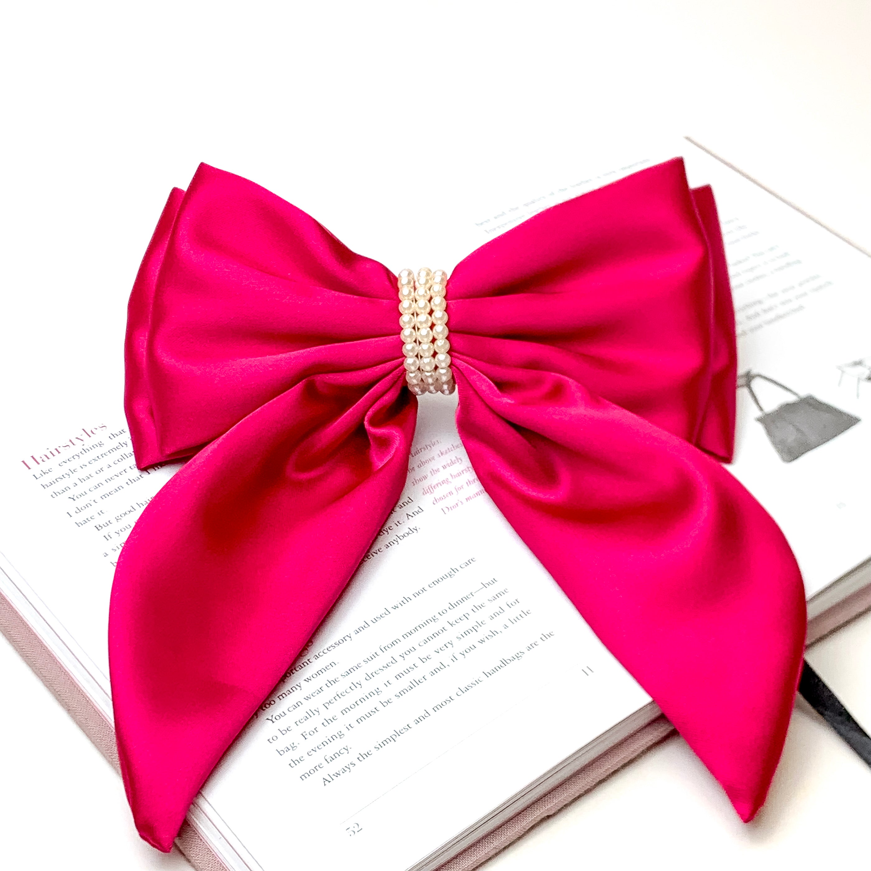 Miss Me Layered Bow with Pearl Center in Fuchsia Pink - Giddy Up Glamour Boutique