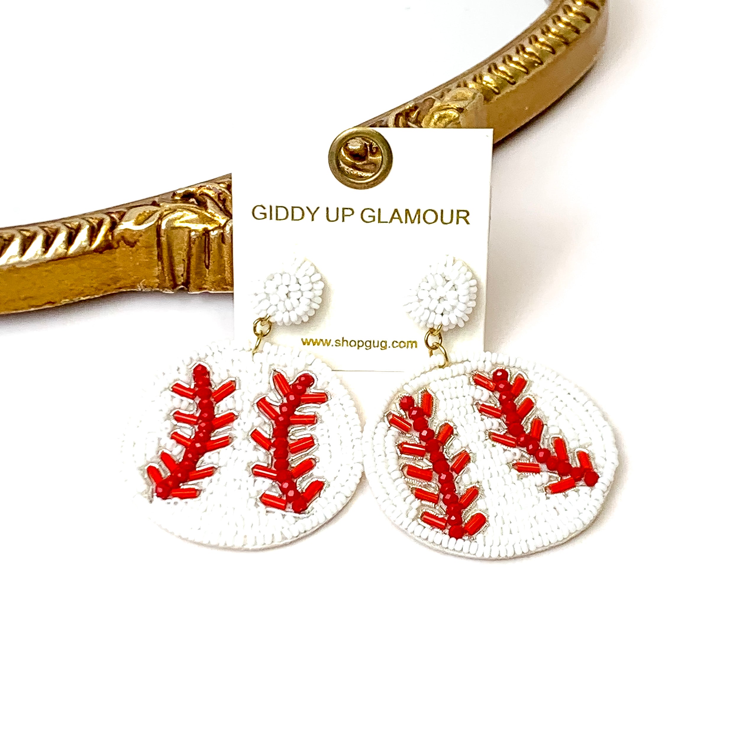 Baseball Seed Beaded Earrings in White and Red - Giddy Up Glamour Boutique