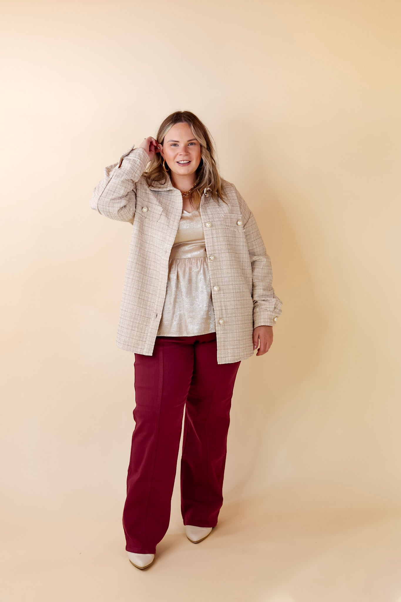 Brooklyn Buzz Pearl Button Up Tweed Shacket in Champagne - Giddy Up Glamour Boutique