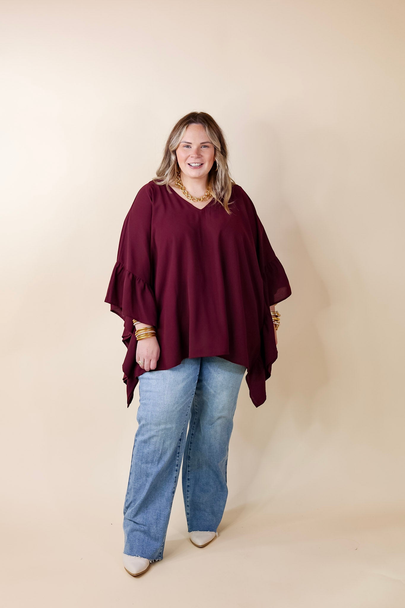 Secret Strength Ruffle Detail Poncho Top in Maroon - Giddy Up Glamour Boutique