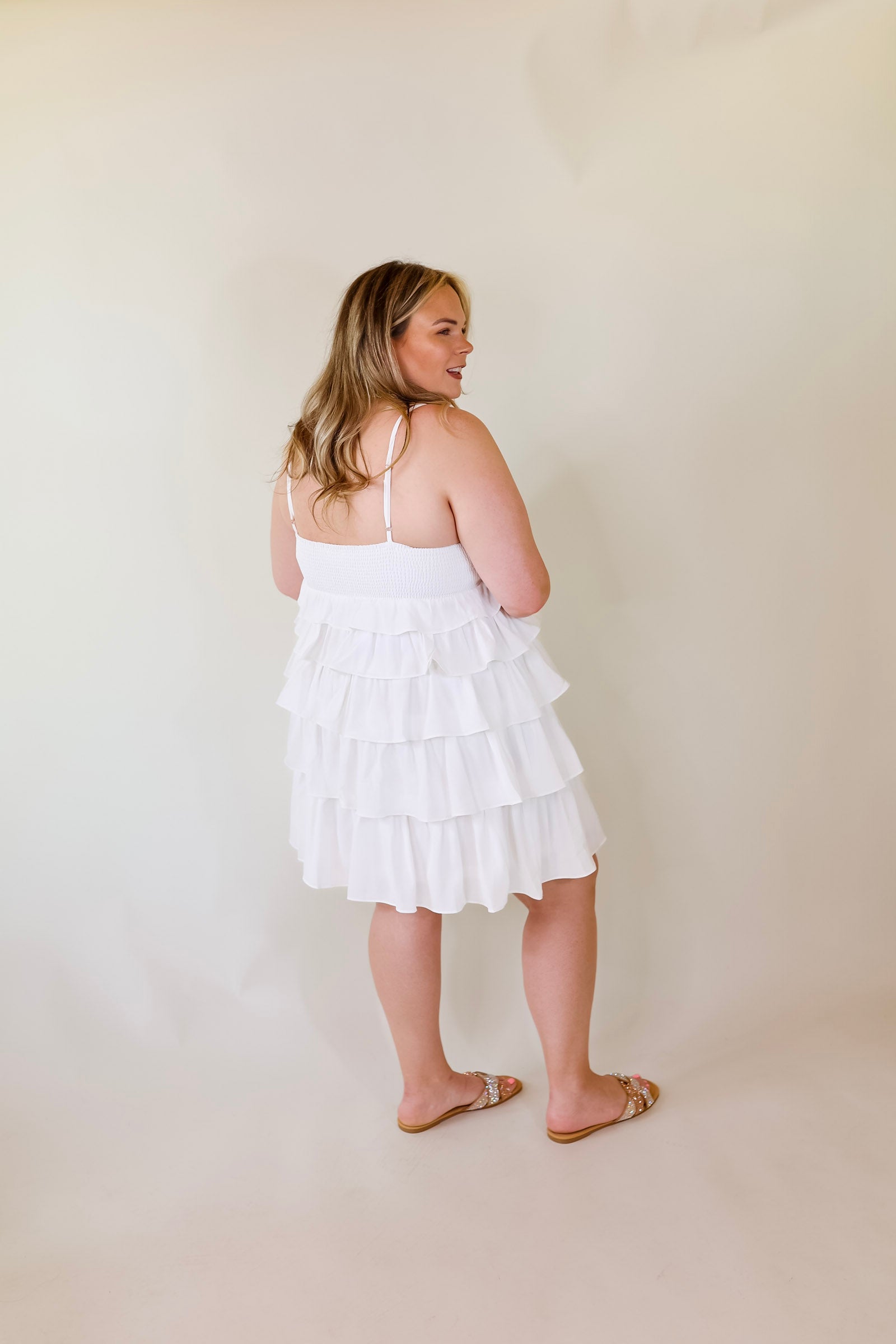 Dare to Dance Ruffled Spaghetti Strap Dress in White - Giddy Up Glamour Boutique