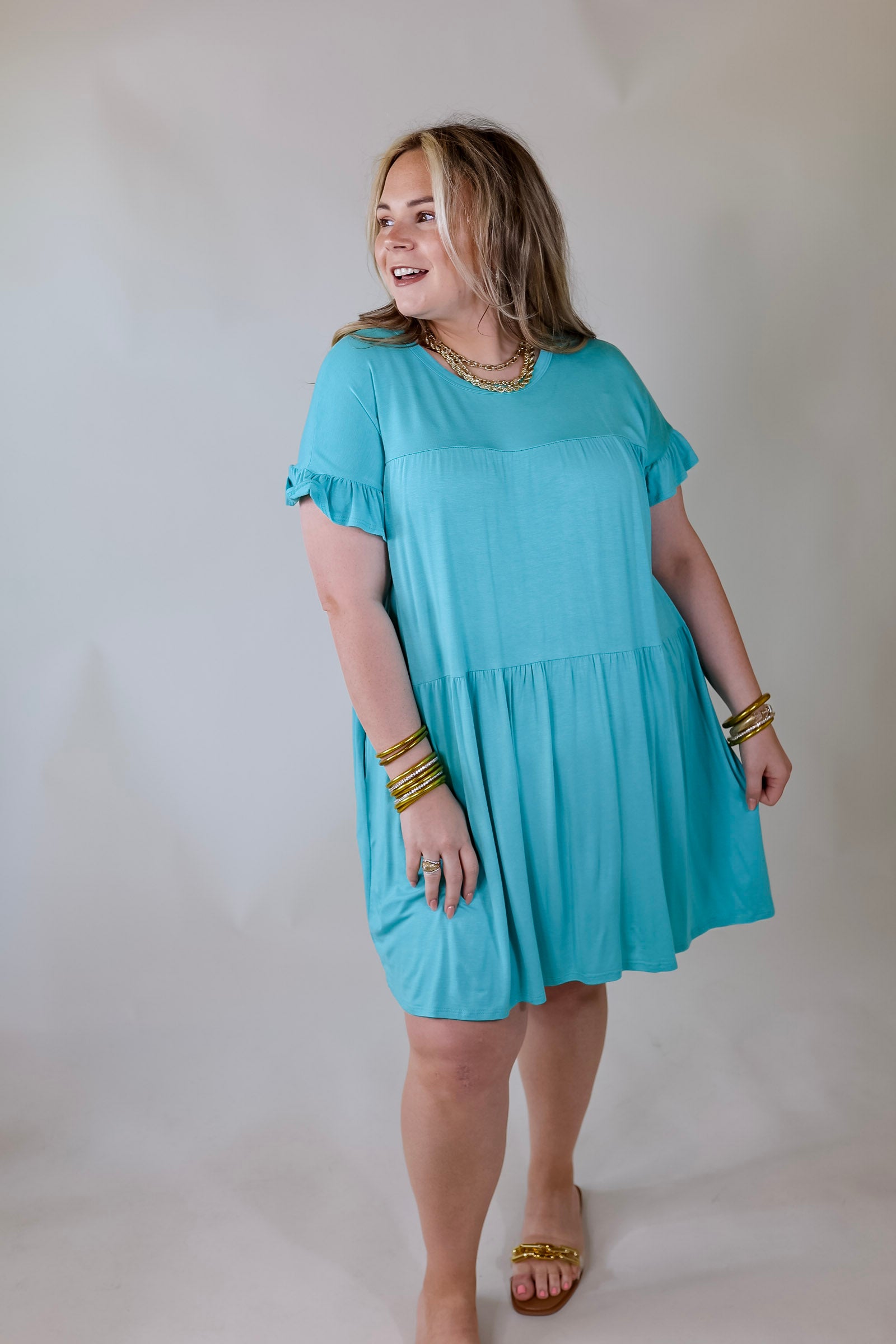Gorgeous Girly Ruffle Sleeve Tiered Dress in Light Blue - Giddy Up Glamour Boutique