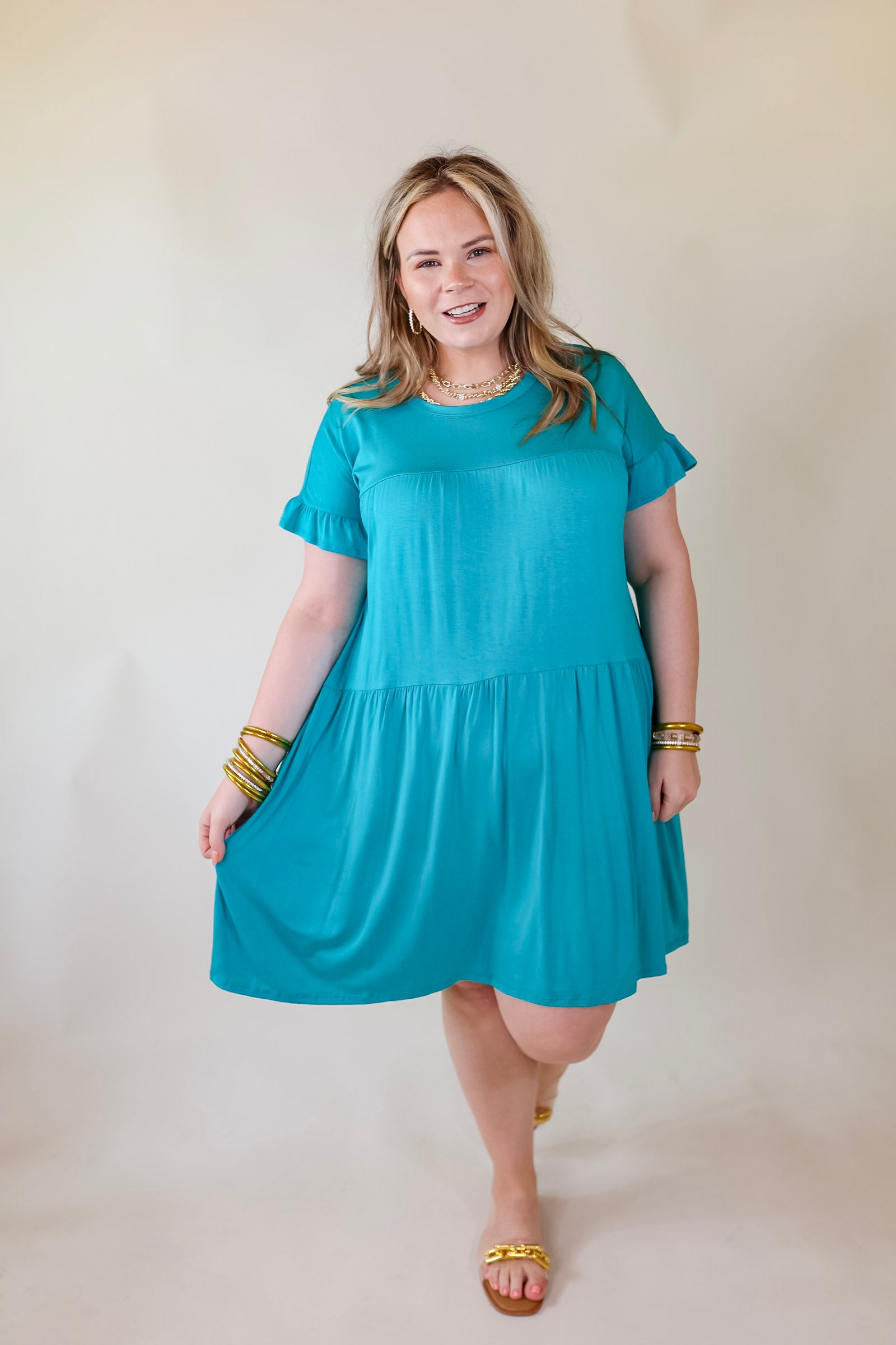 Gorgeous Girly Ruffle Sleeve Tiered Dress in Teal - Giddy Up Glamour Boutique