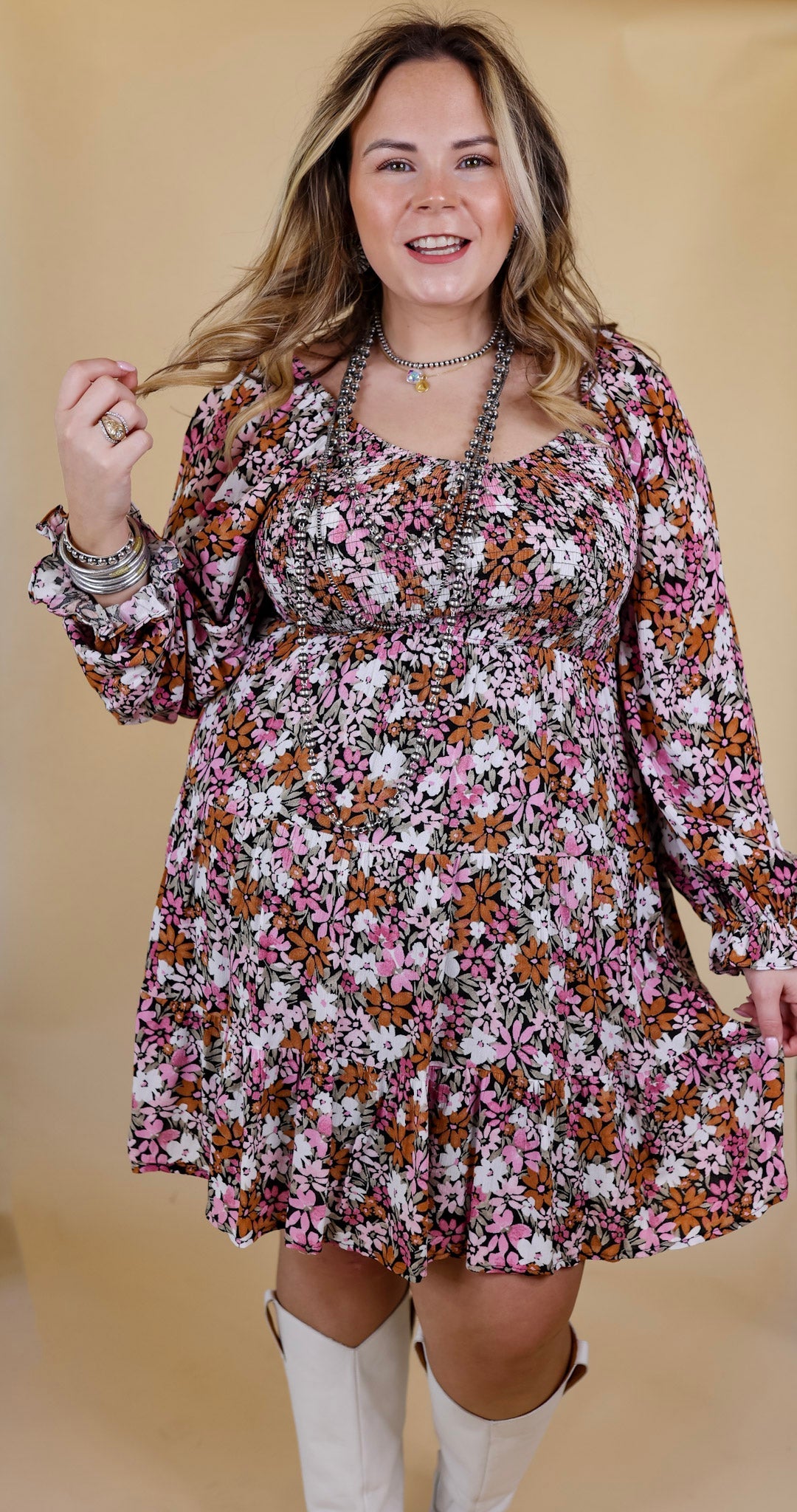 Day Cafe Smocked Bodice Floral Long Sleeve Dress in Light Pink and Rust - Giddy Up Glamour Boutique