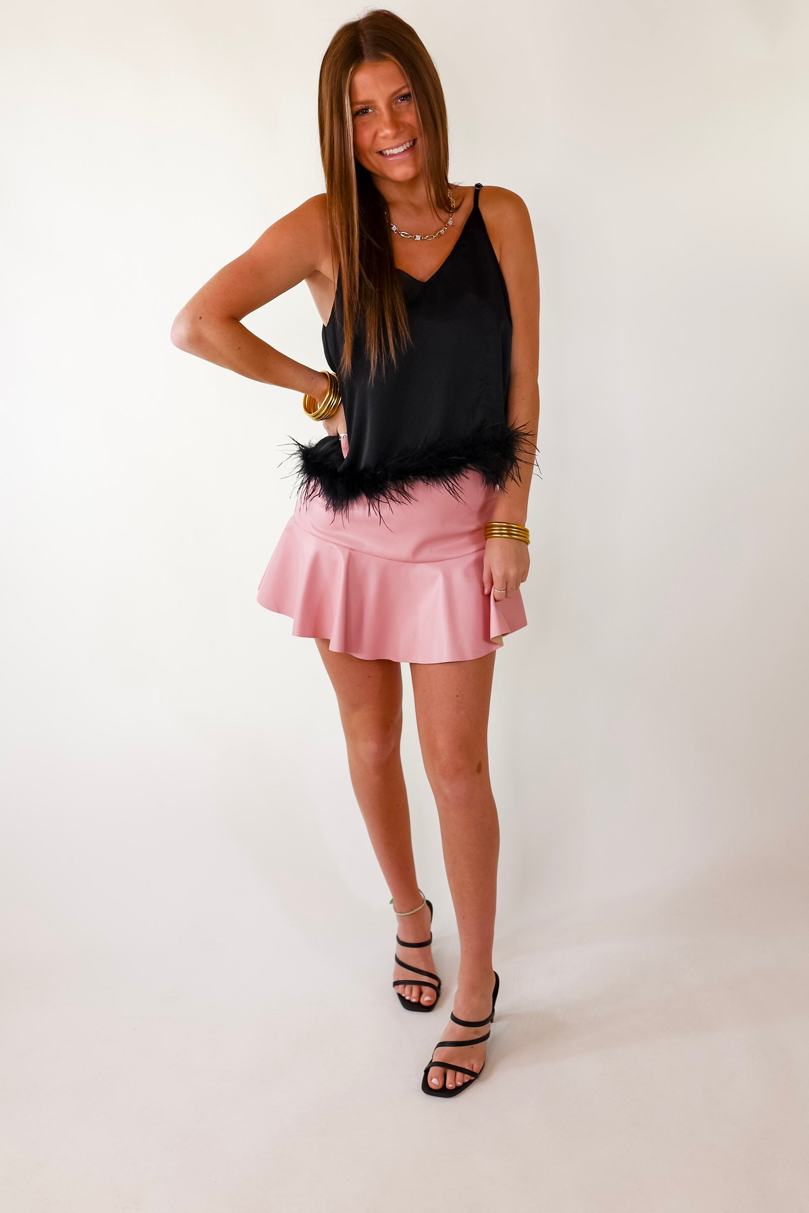 Out All Night Spaghetti Strap Top with Feather Hem in Black - Giddy Up Glamour Boutique