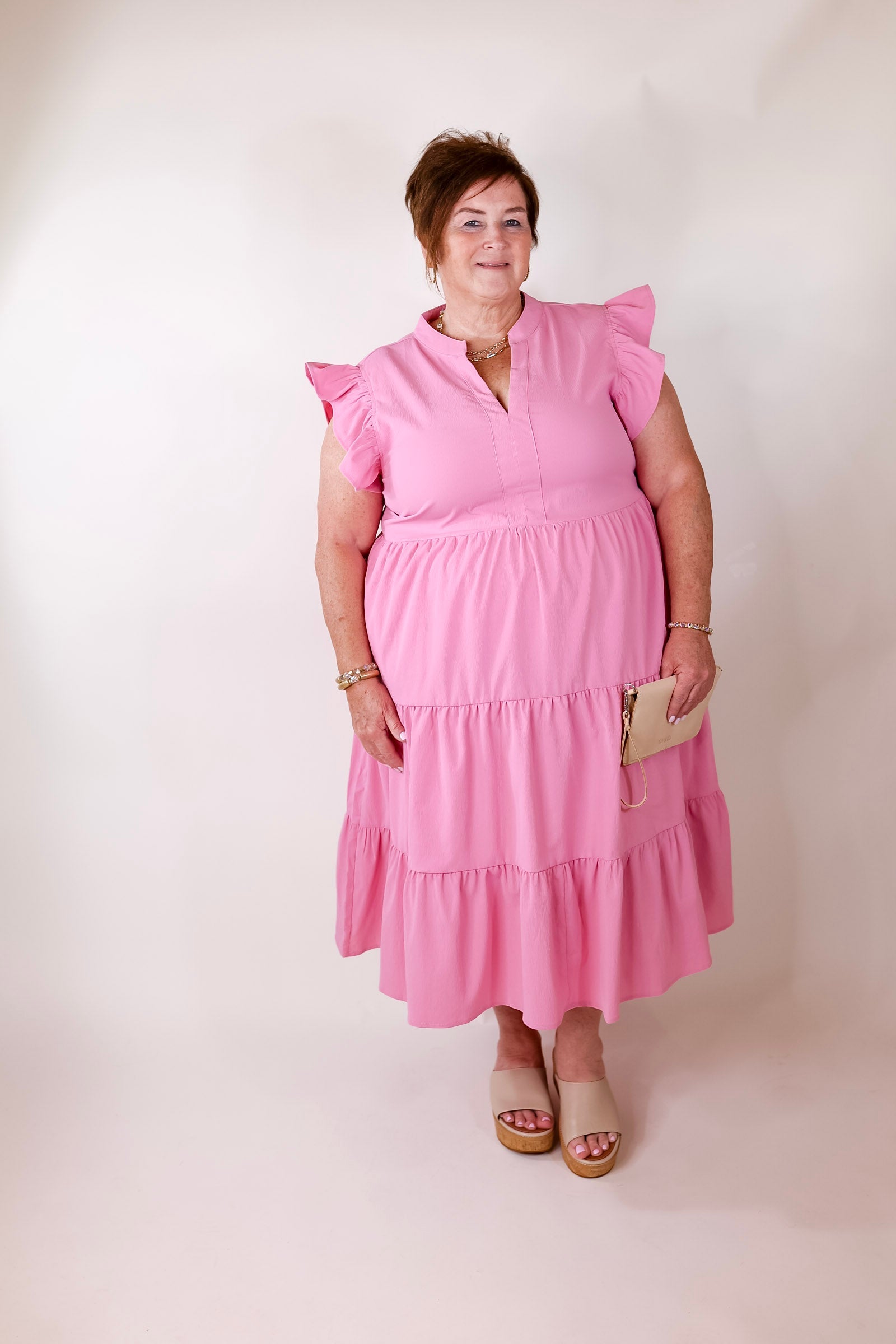 Magnolia Morning Ruffle Cap Sleeve Tiered Midi Dress in Pink - Giddy Up Glamour Boutique