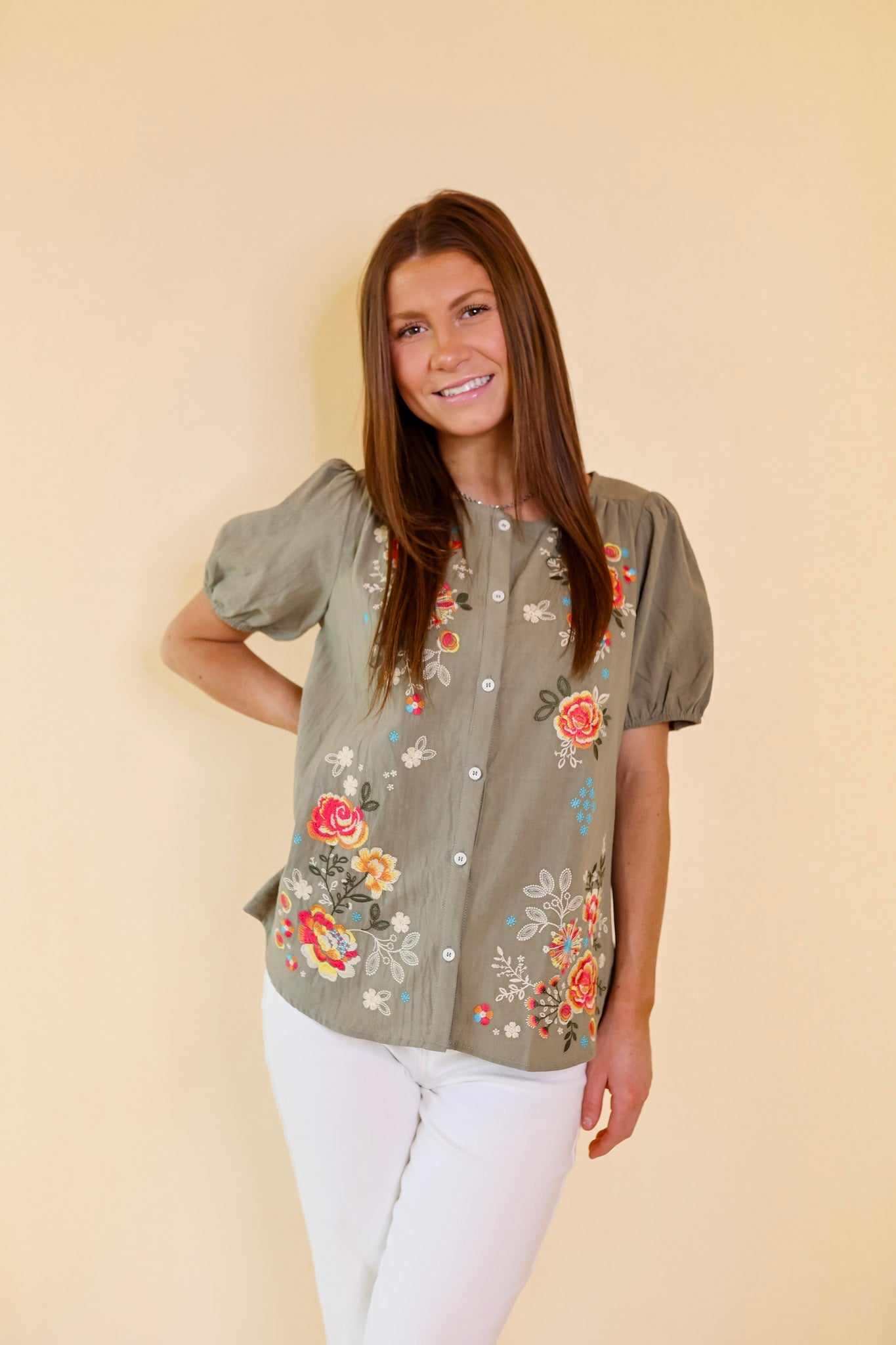 Sunny Forecast Button Up Floral Embroidered Top in Dusty Olive Green - Giddy Up Glamour Boutique