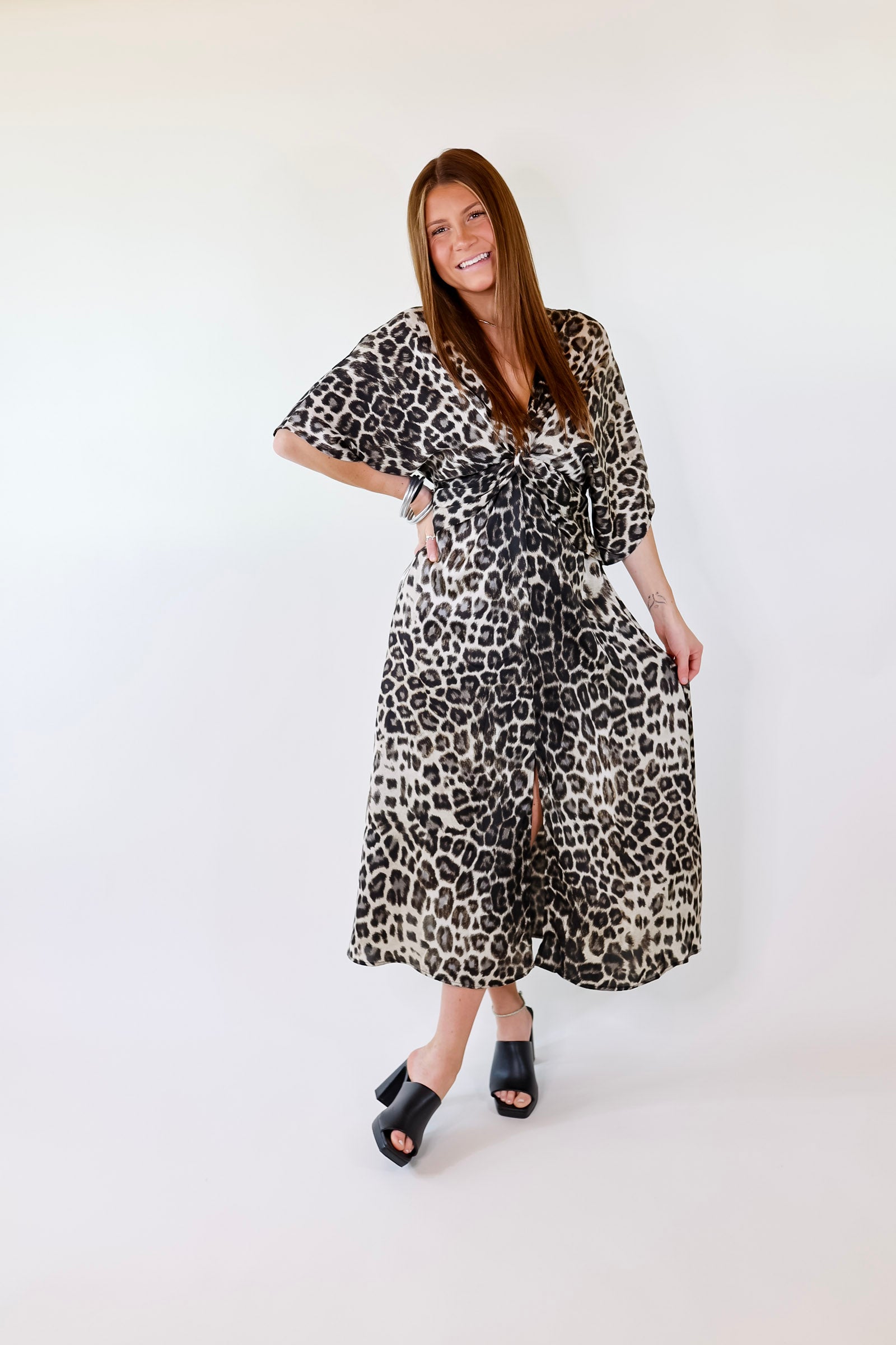 Take My Breath Away Front Knot Leopard Print Midi Dress in Grey - Giddy Up Glamour Boutique