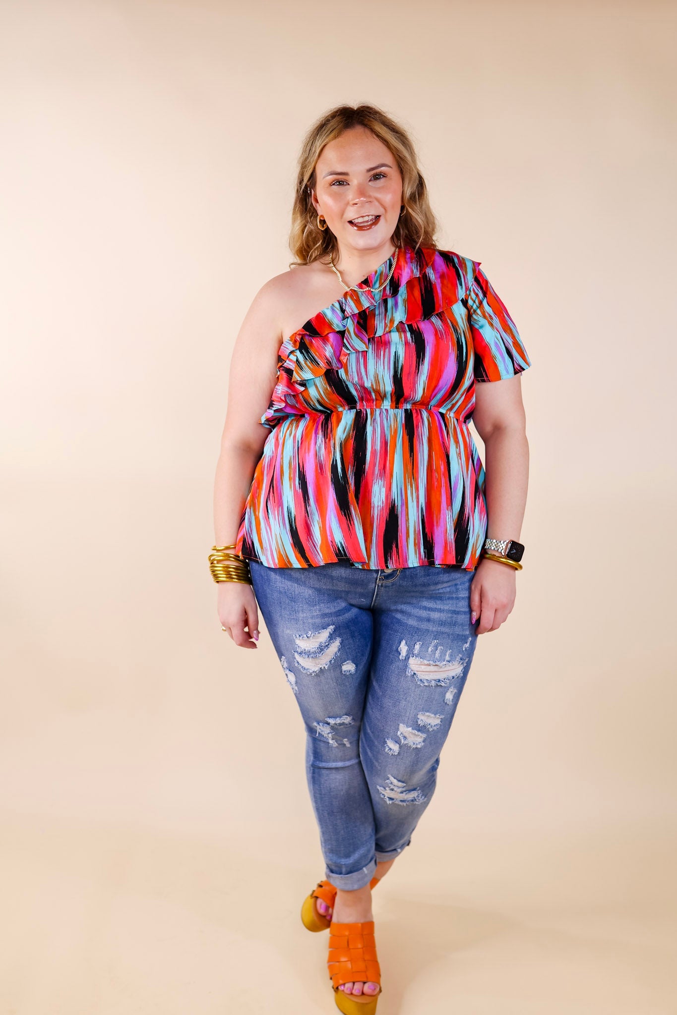 Worth Staying One Shoulder Watercolor Stripe Top in Turquoise and Red Mix - Giddy Up Glamour Boutique