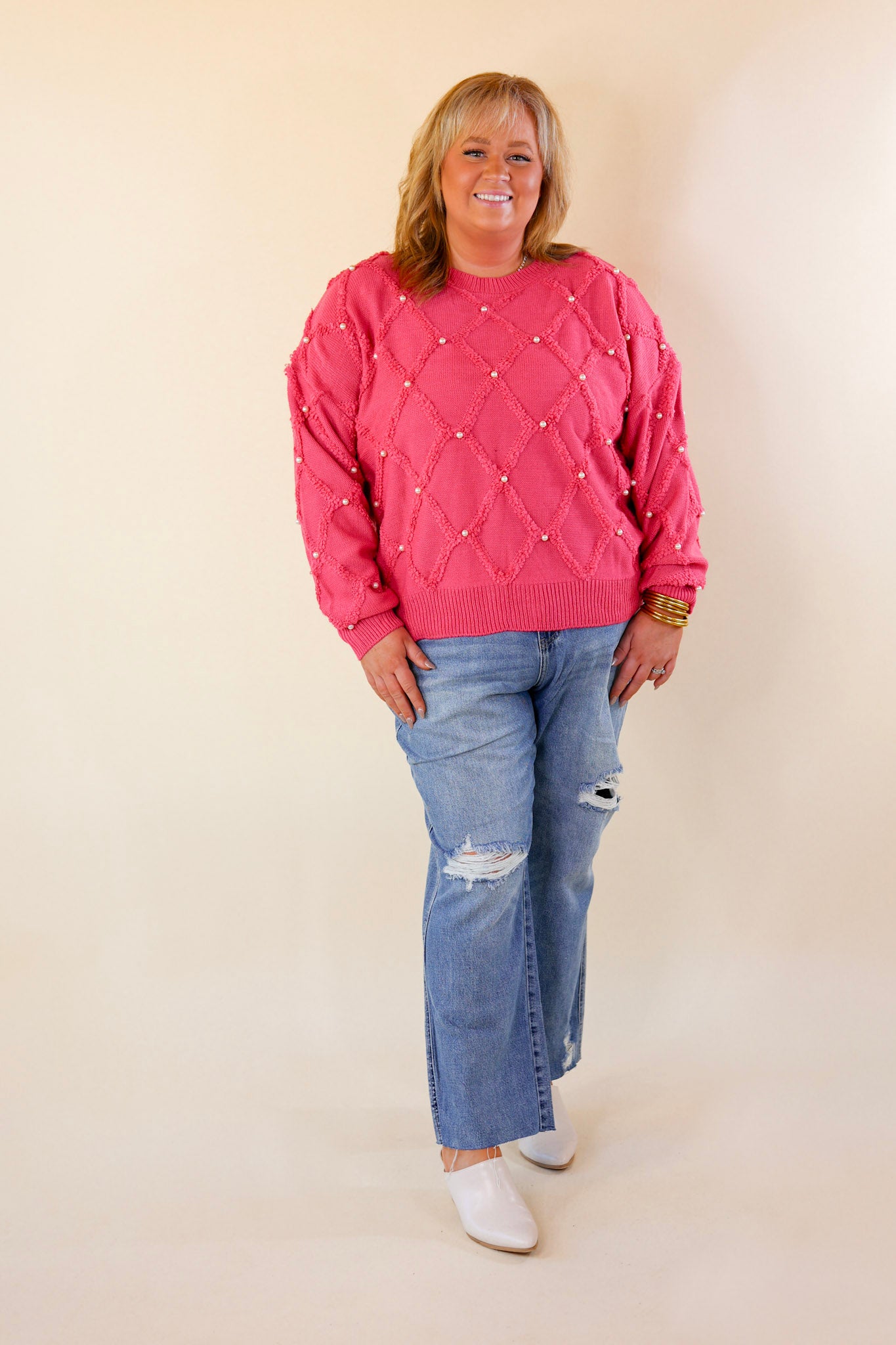 It's The Hour Of Pearl Embroidered Knit Sweater in Hot Pink - Giddy Up Glamour Boutique