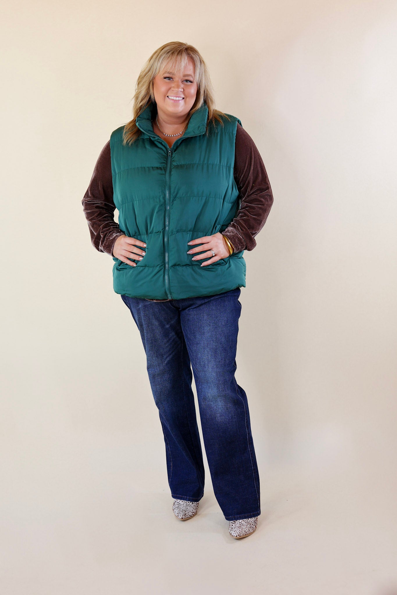 Whispering Pines Puffer Vest in Hunter Green - Giddy Up Glamour Boutique