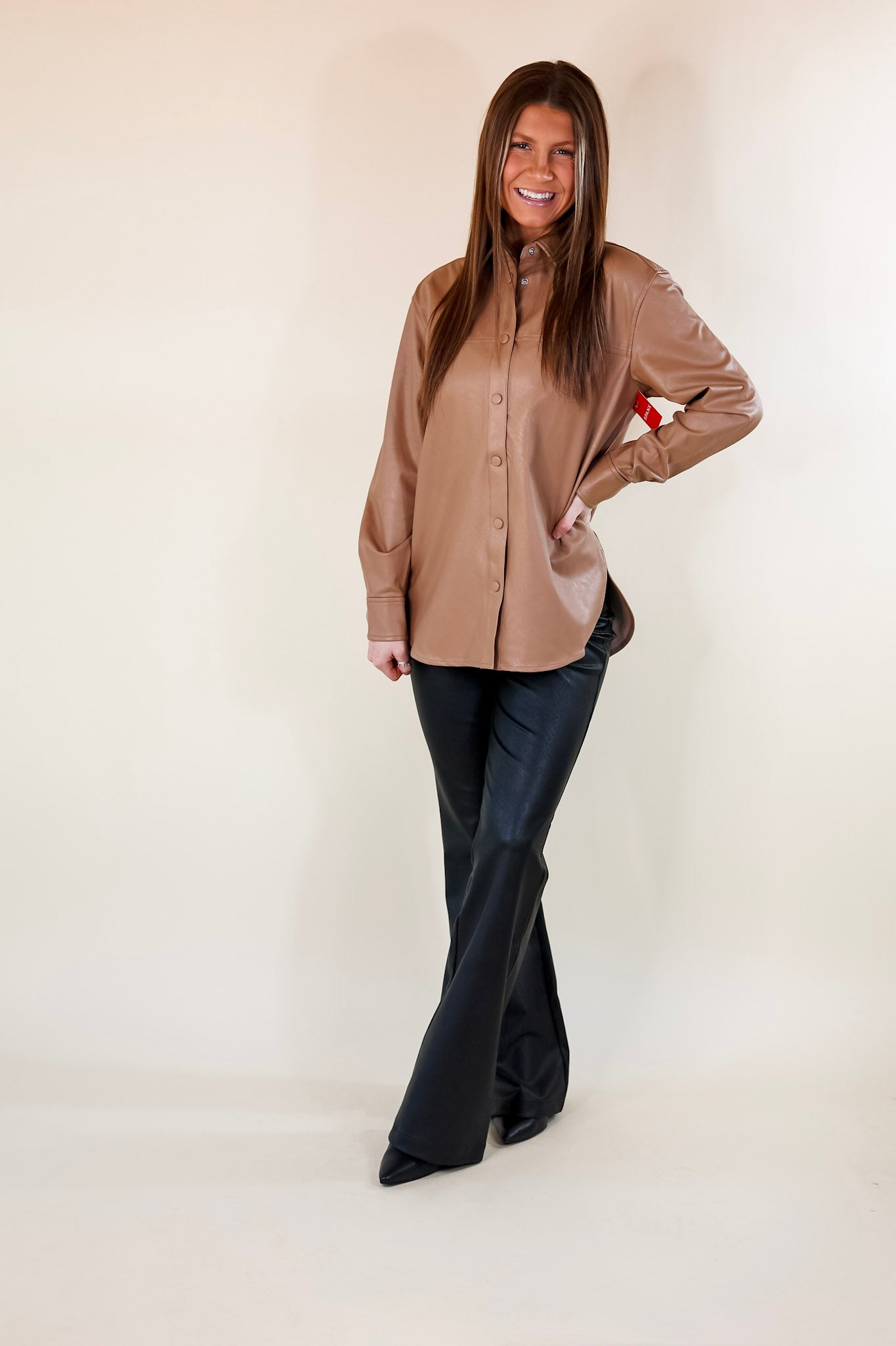 SPANX | Leather-Like Long Sleeve Oversized Shacket in Toffee - Giddy Up Glamour Boutique
