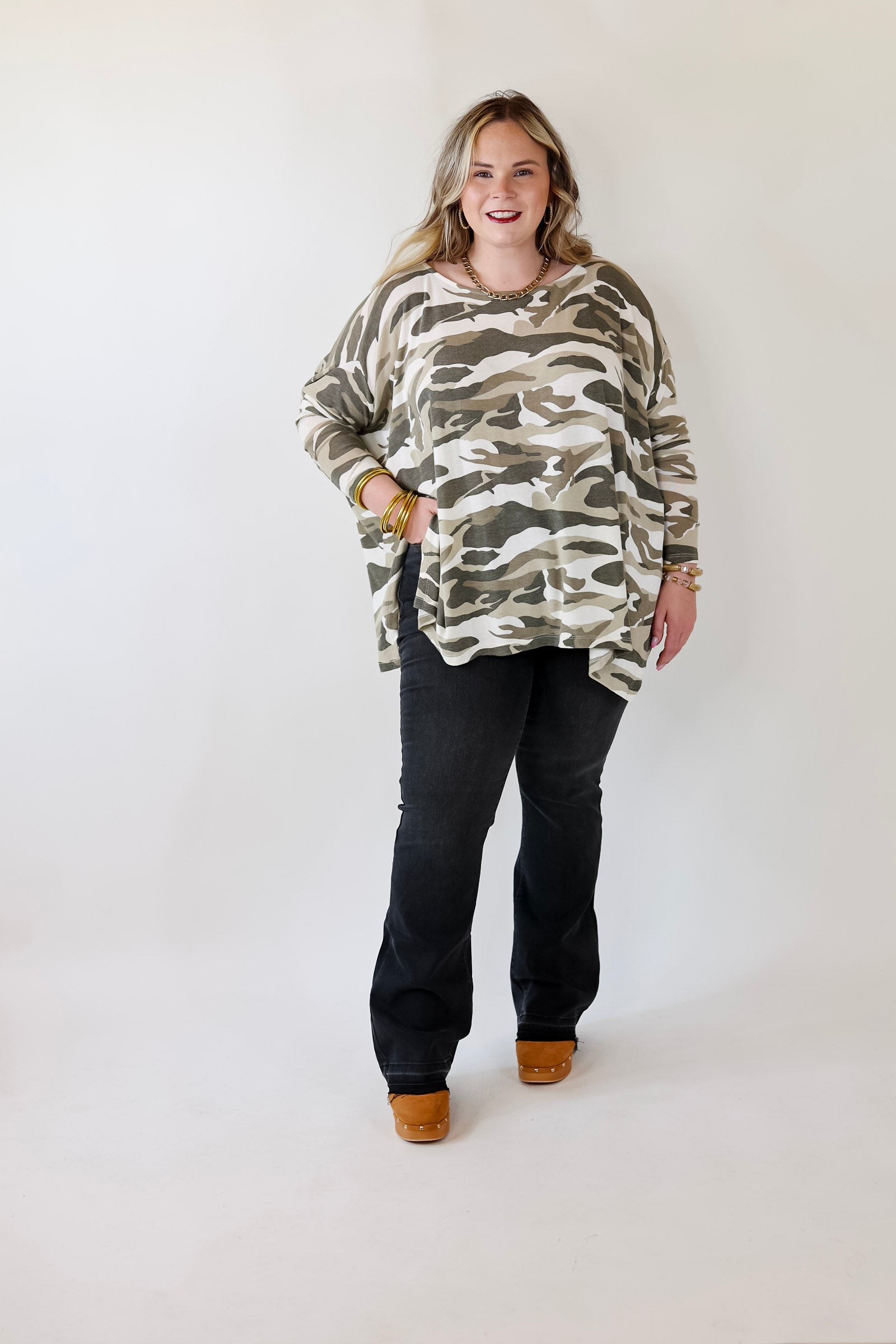 Sidewalk Views Long Sleeve Oversized Shift Top in Camouflage - Giddy Up Glamour Boutique