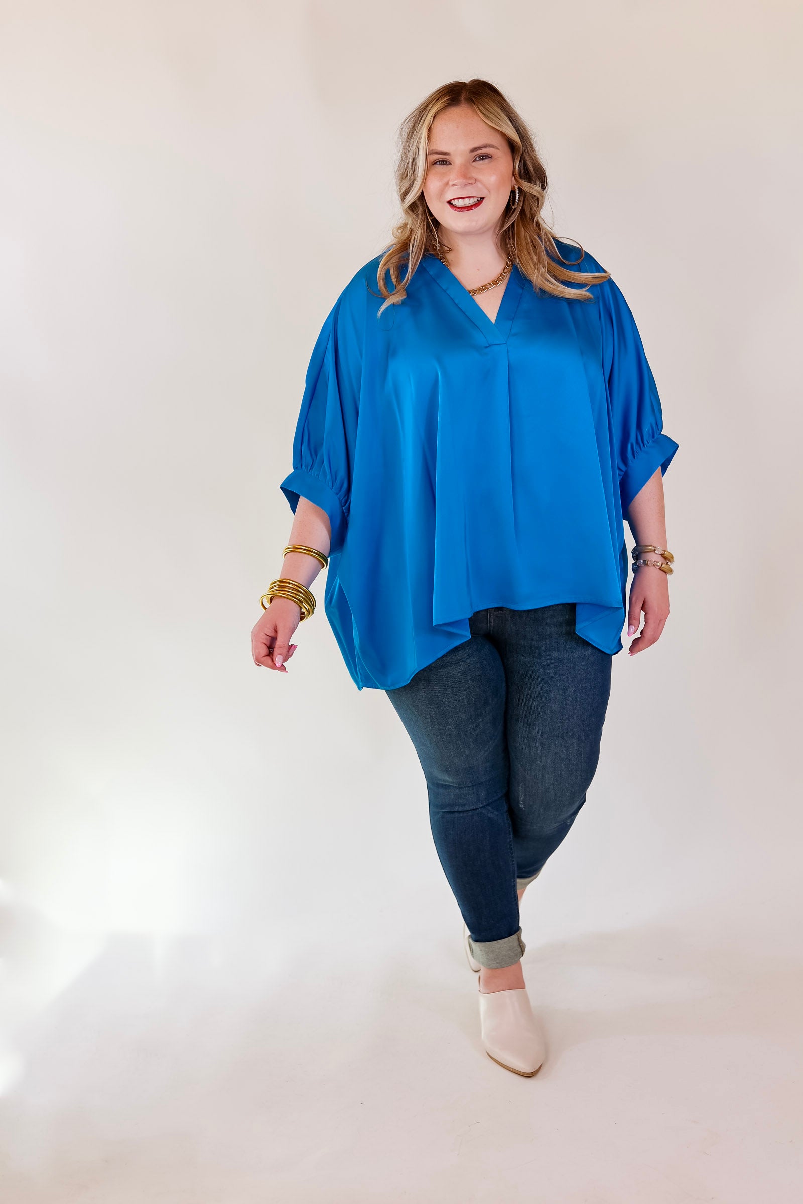 Irresistibly Chic Half Sleeve Oversized Blouse in Blue - Giddy Up Glamour Boutique