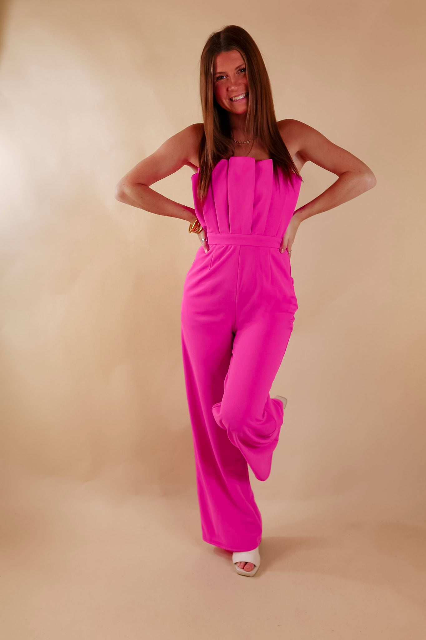 Do It With Pizazz Strapless Jumpsuit in Hot Pink - Giddy Up Glamour Boutique
