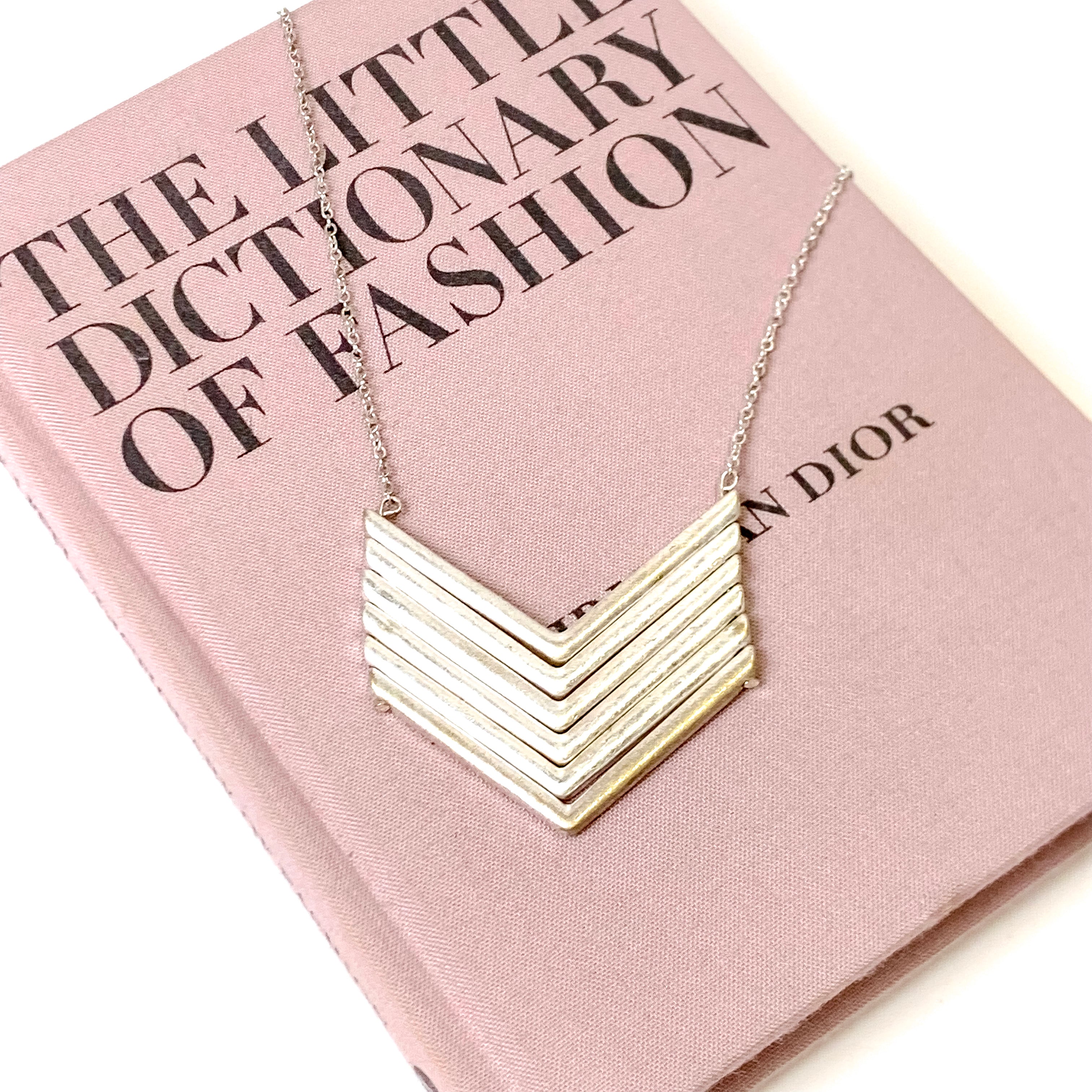 Long Silver Tone Necklace with Chevron Pendant - Giddy Up Glamour Boutique