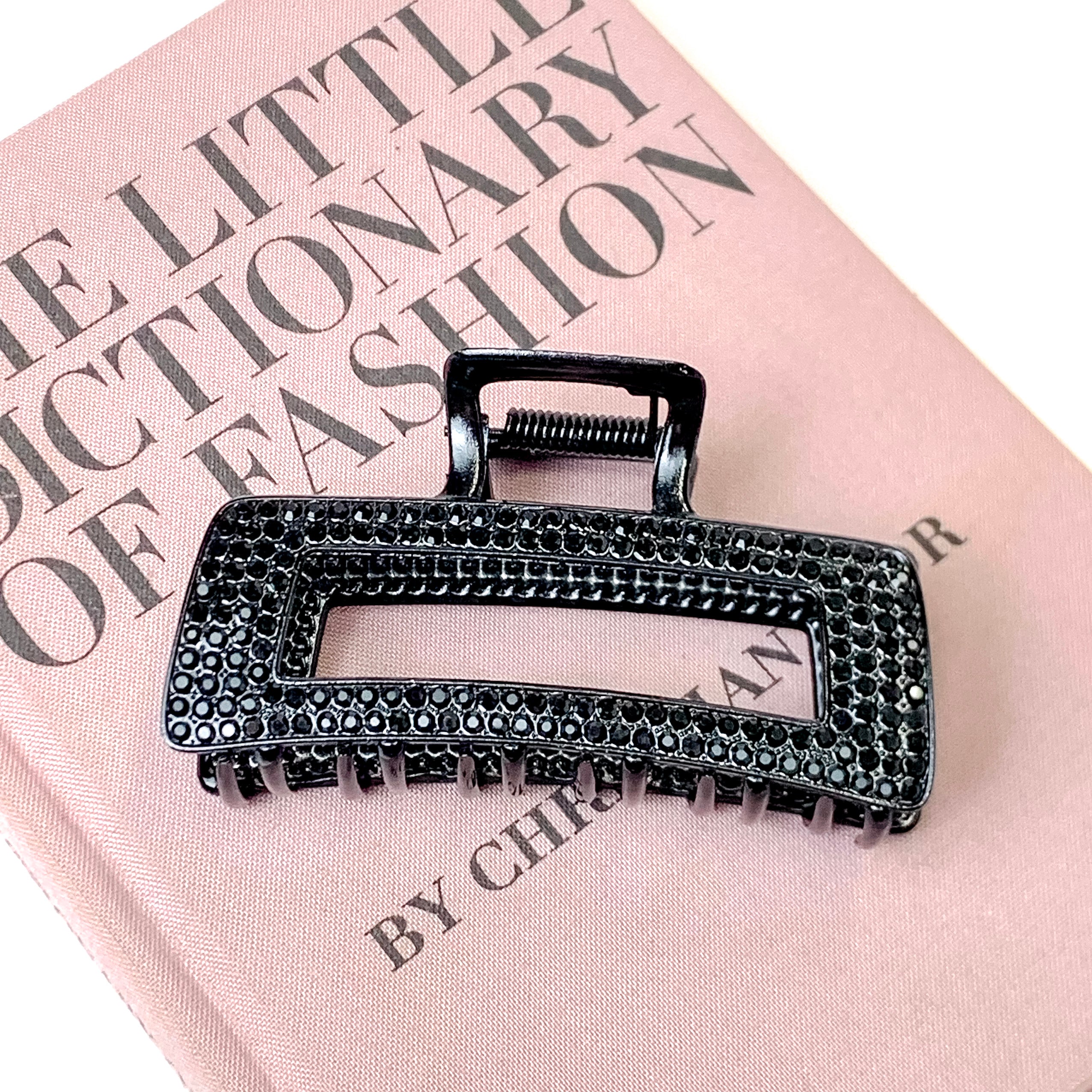 Black Crystal Embellished Metal Rectangle Hair Clip in Black - Giddy Up Glamour Boutique