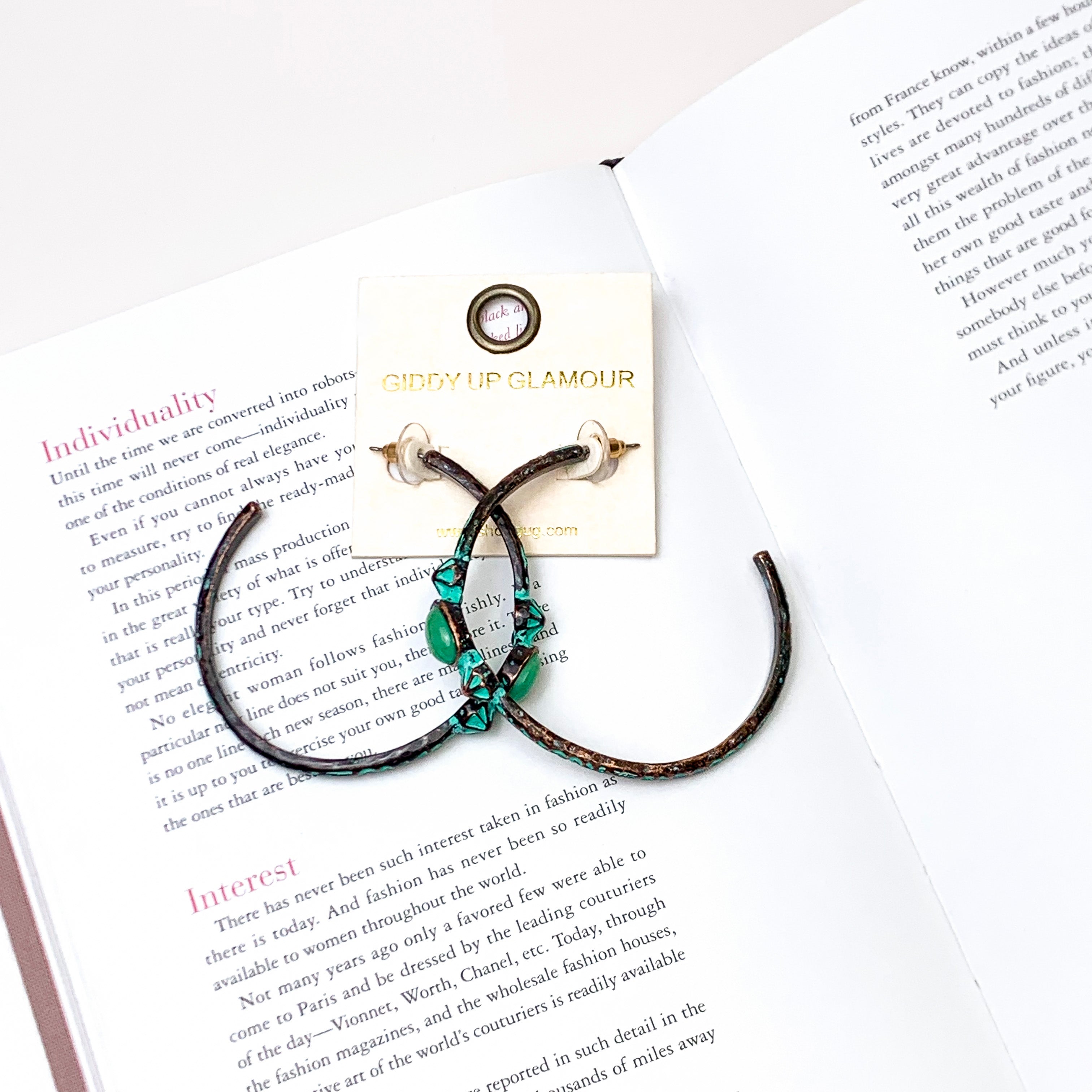 Semi Hoop Earrings in Patina Tone with Faux Green Stone - Giddy Up Glamour Boutique