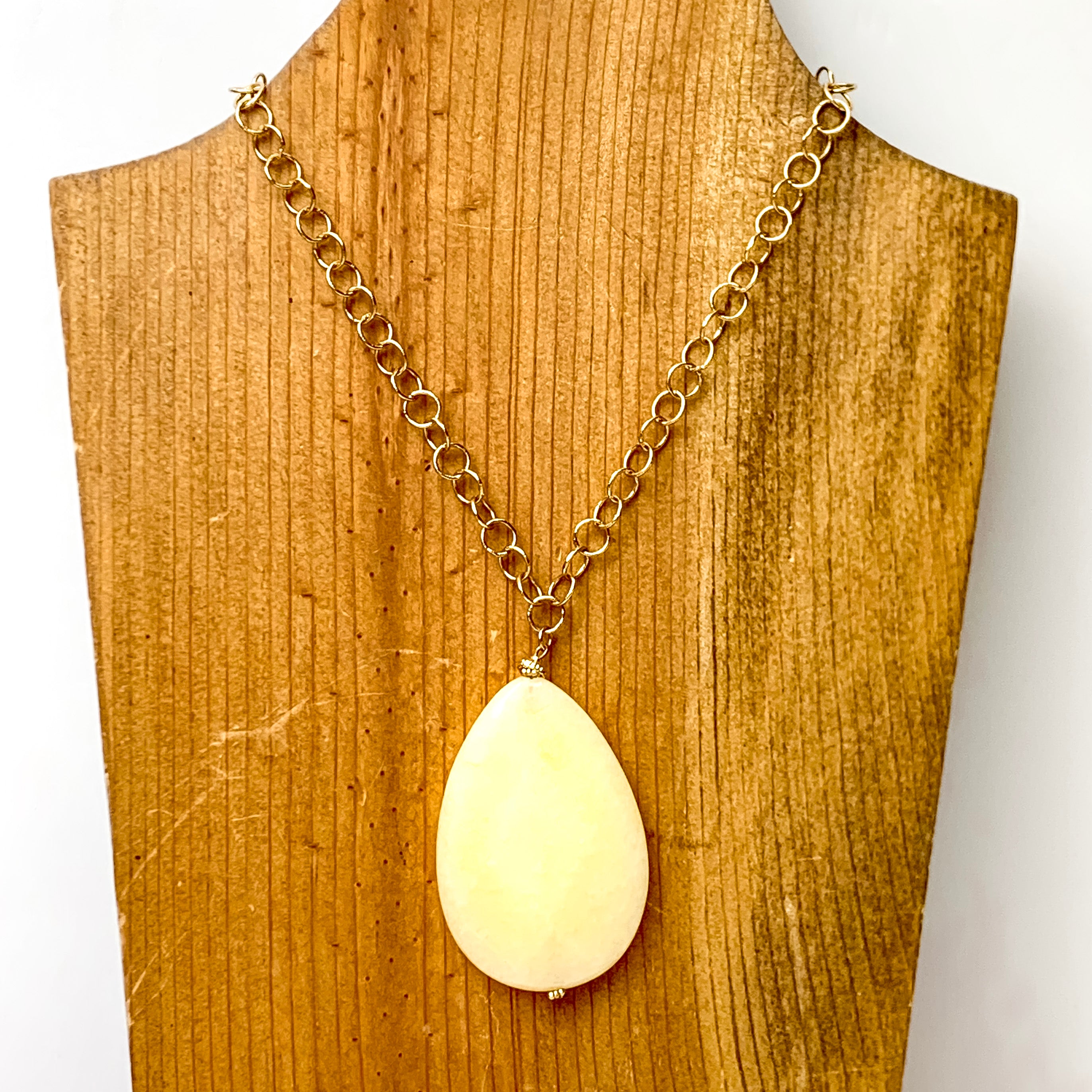 Gold Tone Circle Link Chain Necklace with Ivory Faux Stone Pendant - Giddy Up Glamour Boutique