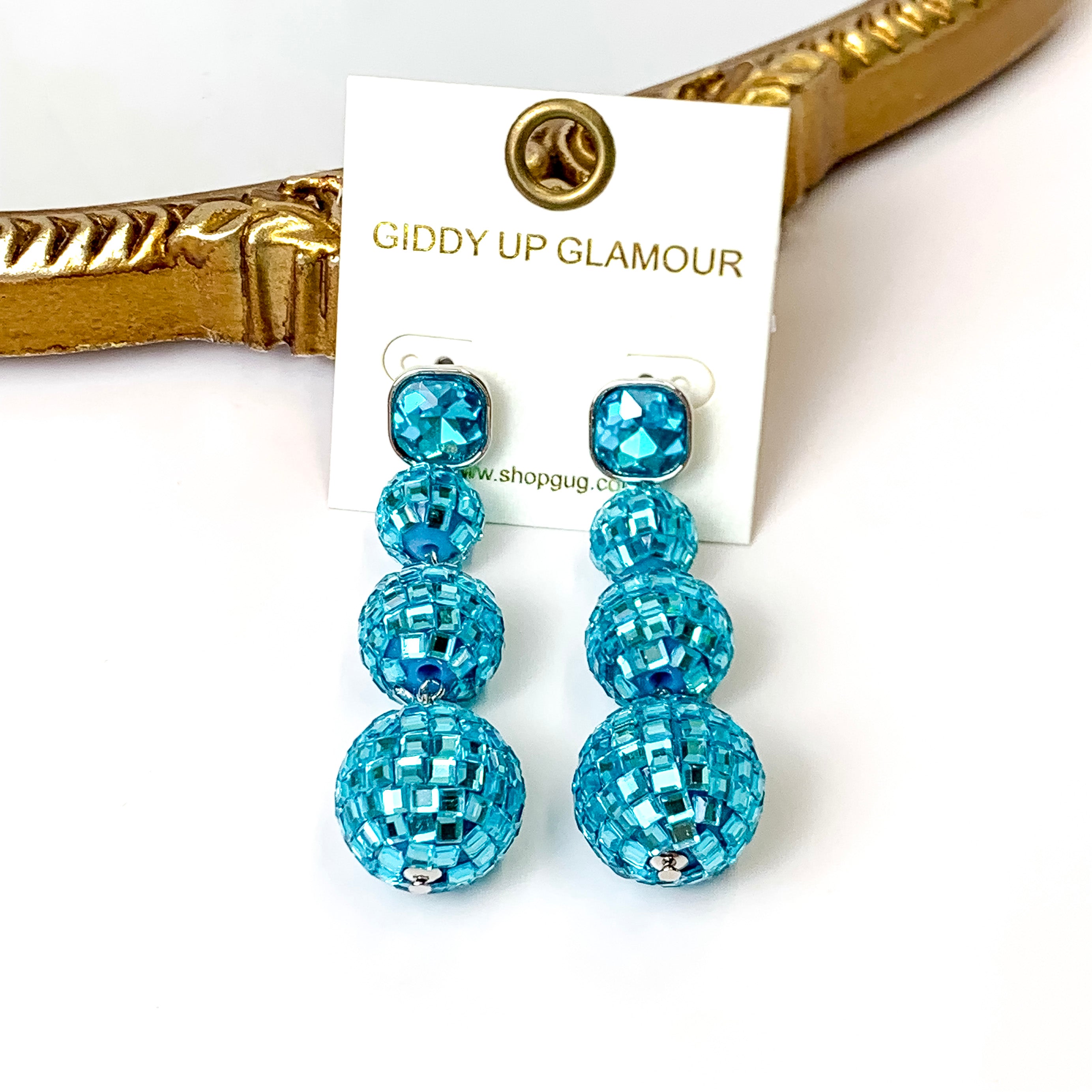 Cushion Crystal Post Disco Ball Dangle Earrings in Turquoise Blue - Giddy Up Glamour Boutique