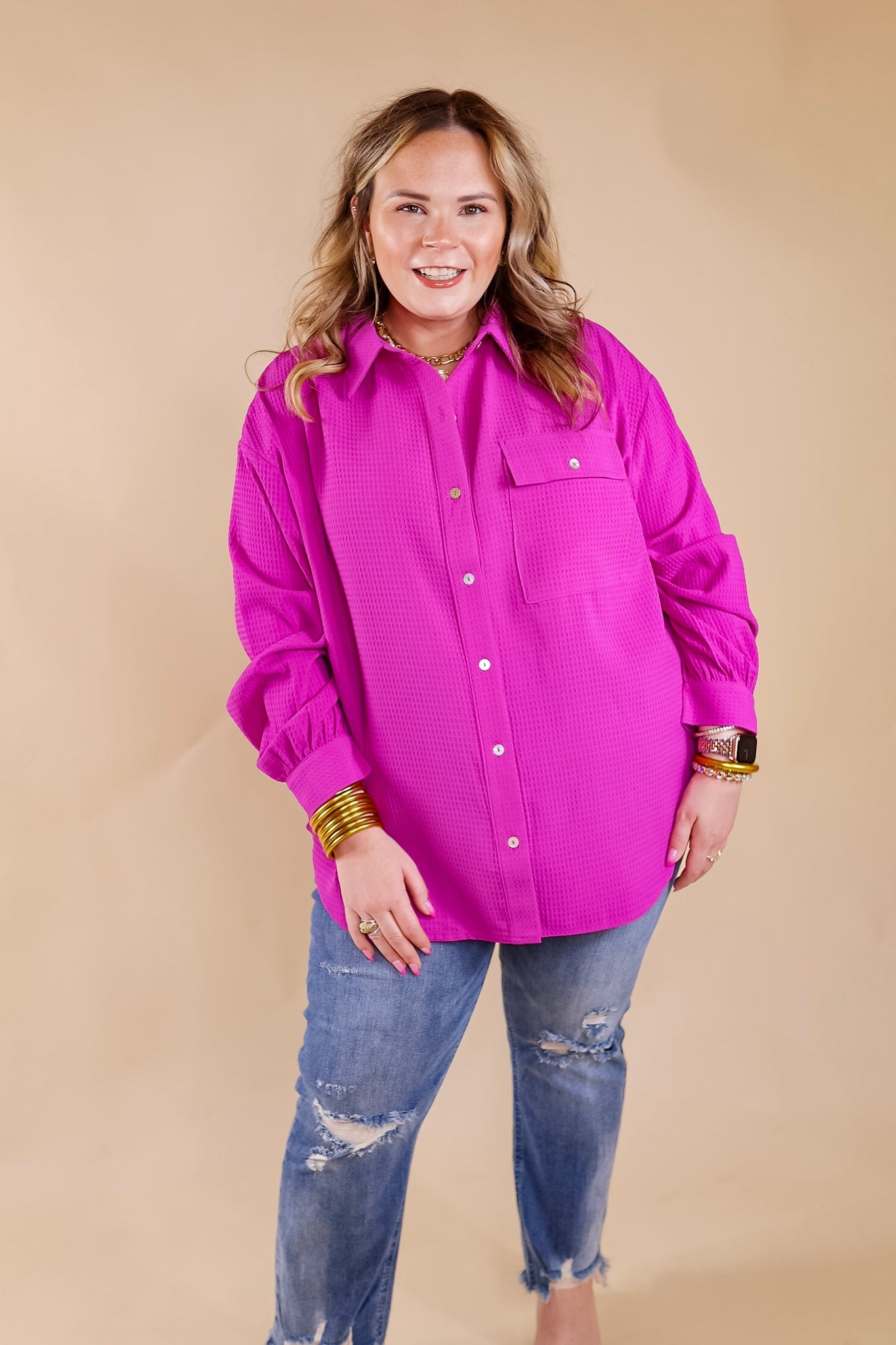 Escaping Ordinary Waffle Weave Button Up Top in Orchid Purple - Giddy Up Glamour Boutique