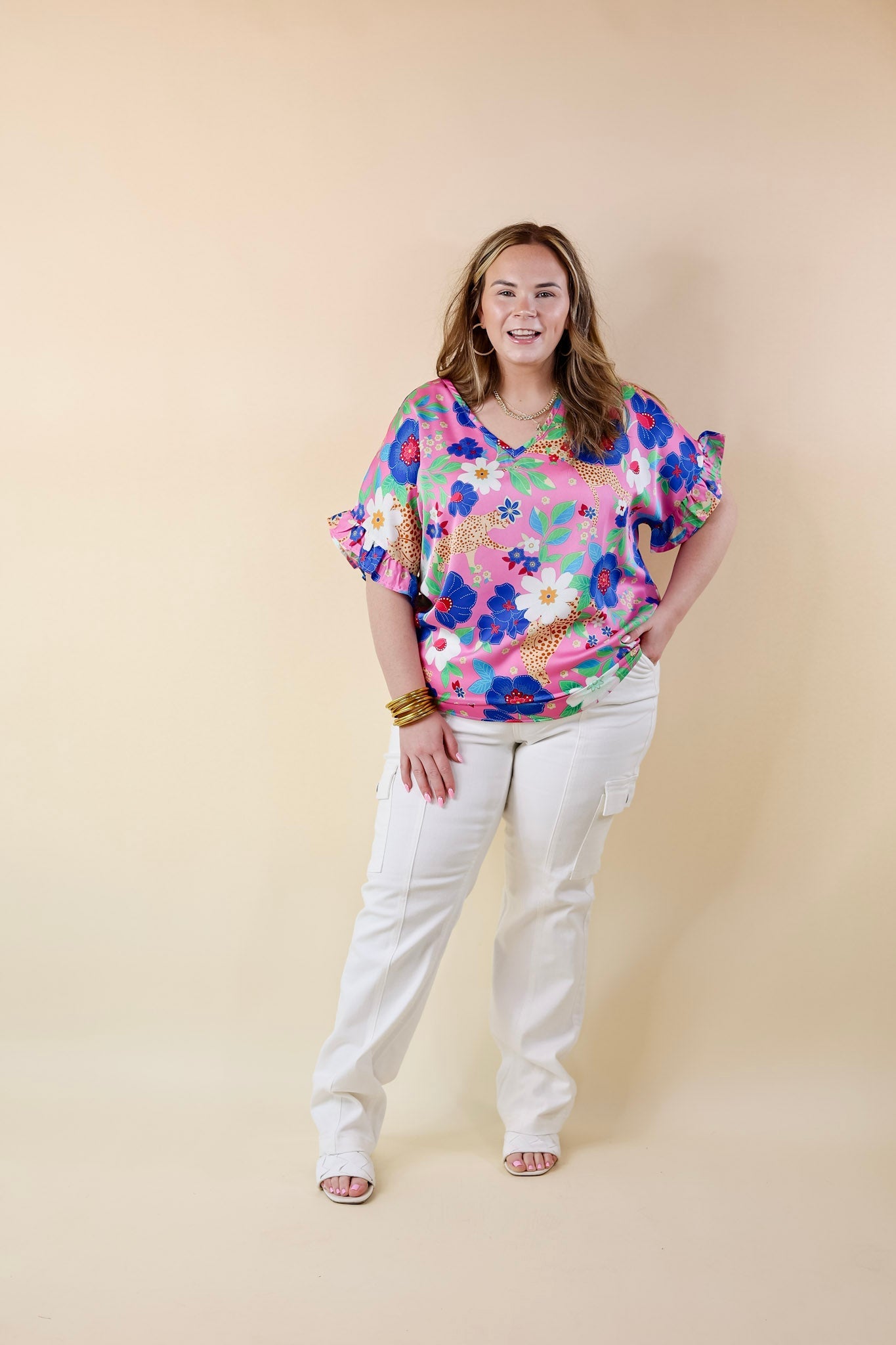 Best Version Floral and Cheetah Print V Neck Top with Ruffle Short Sleeves in Pink - Giddy Up Glamour Boutique