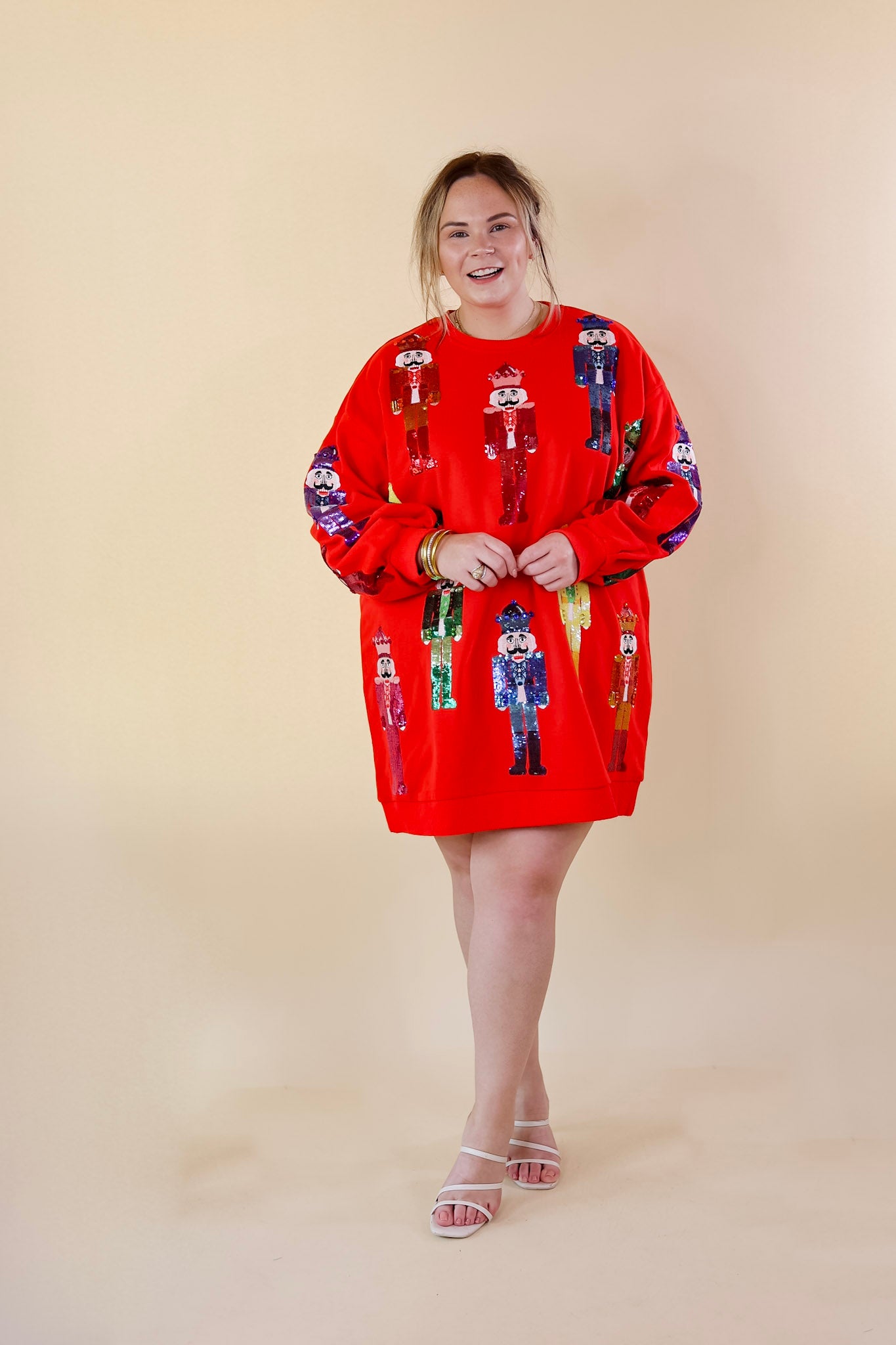 Queen Of Sparkles | Sequin Nutcracker Long Sleeve Graphic Sweatshirt Dress in Red - Giddy Up Glamour Boutique