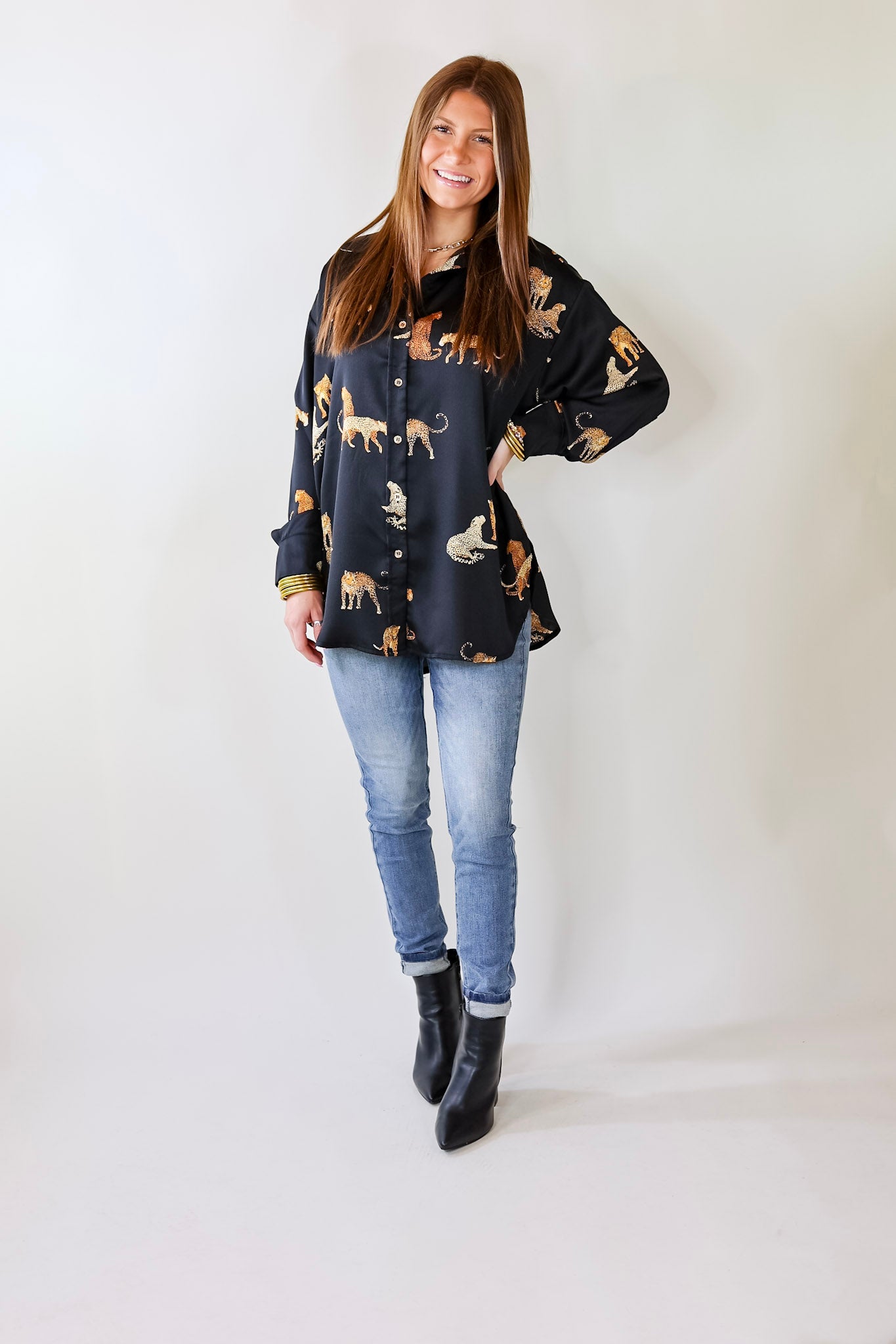 Tell Me Something Good Cheetah Print Long Sleeve Button Up Top in Black - Giddy Up Glamour Boutique
