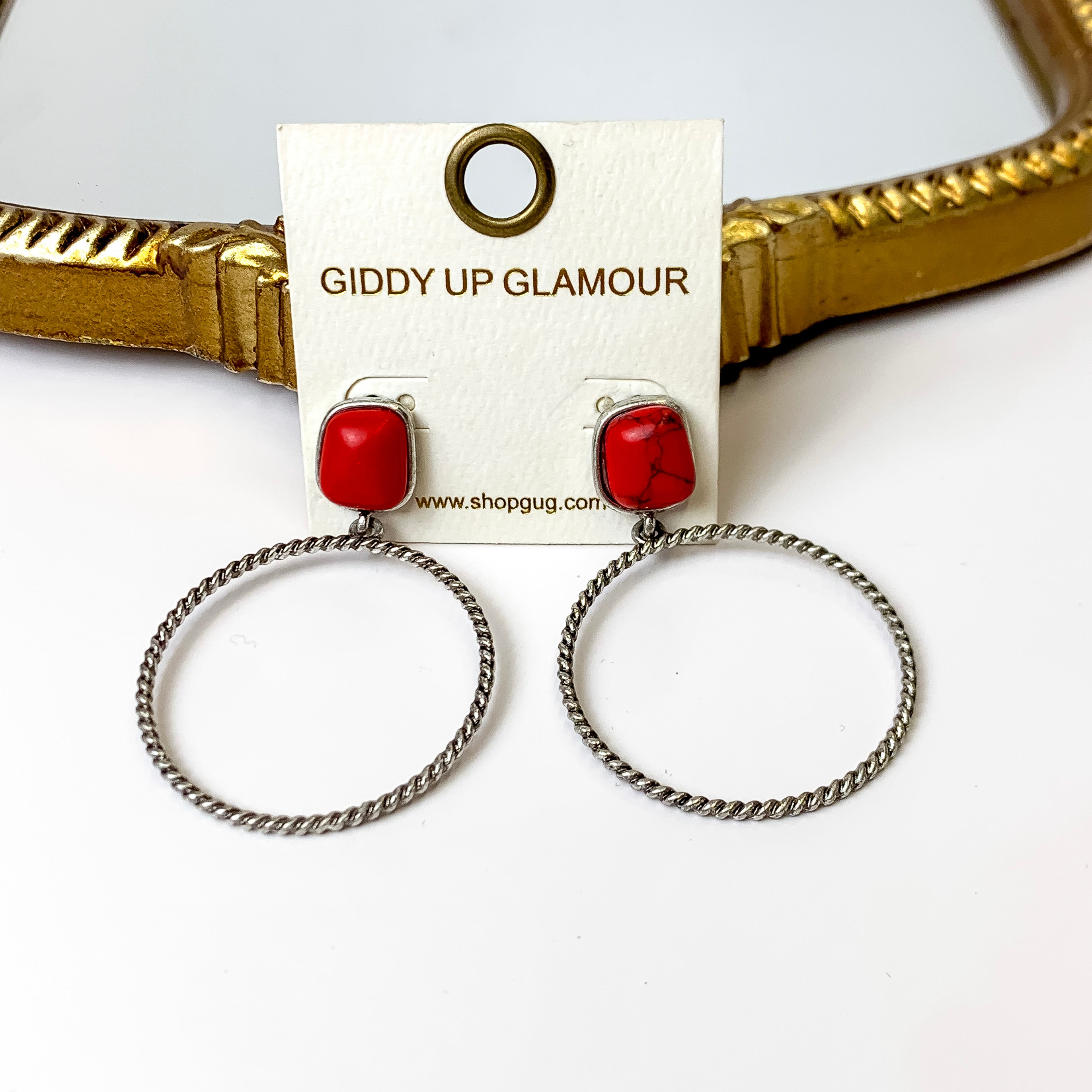Soulful Look Circle Drop and Stone Post Silver Earrings in Red - Giddy Up Glamour Boutique