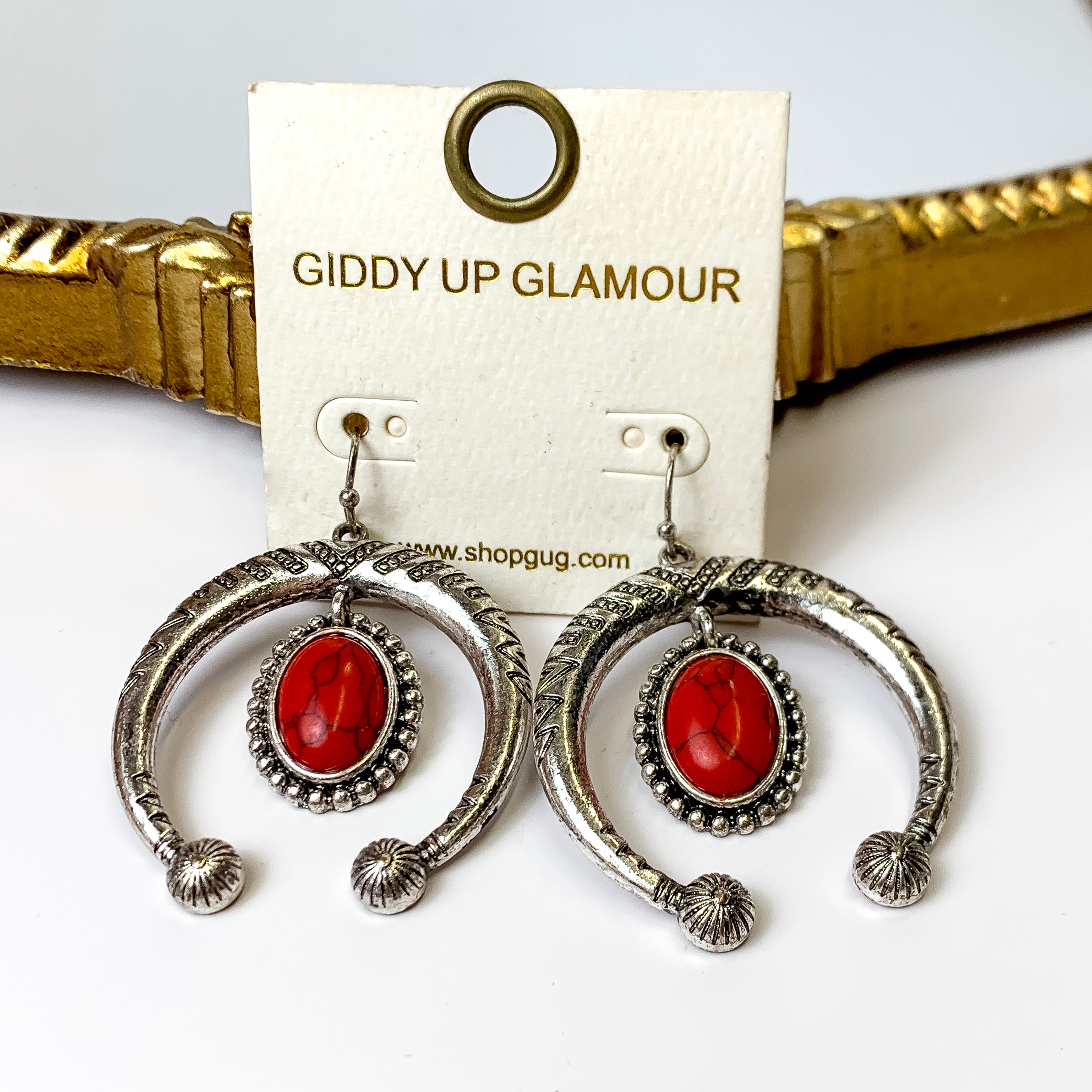 Silver Tone Naja Pendant Earrings with Oval Stone Dangle in Red - Giddy Up Glamour Boutique