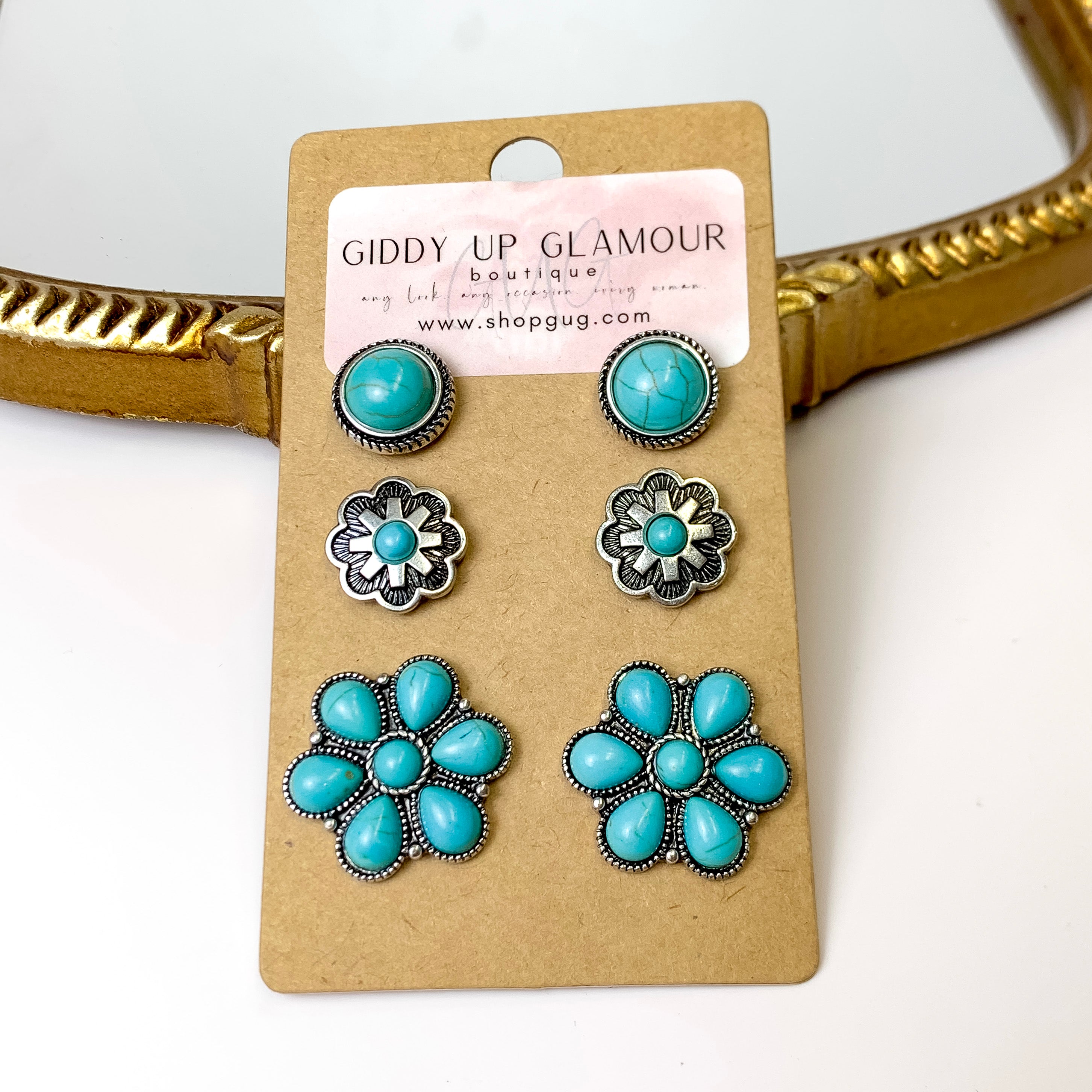 Set Of Three | Flower and Stone Silver Tone Earring Set in Turquoise Blue - Giddy Up Glamour Boutique
