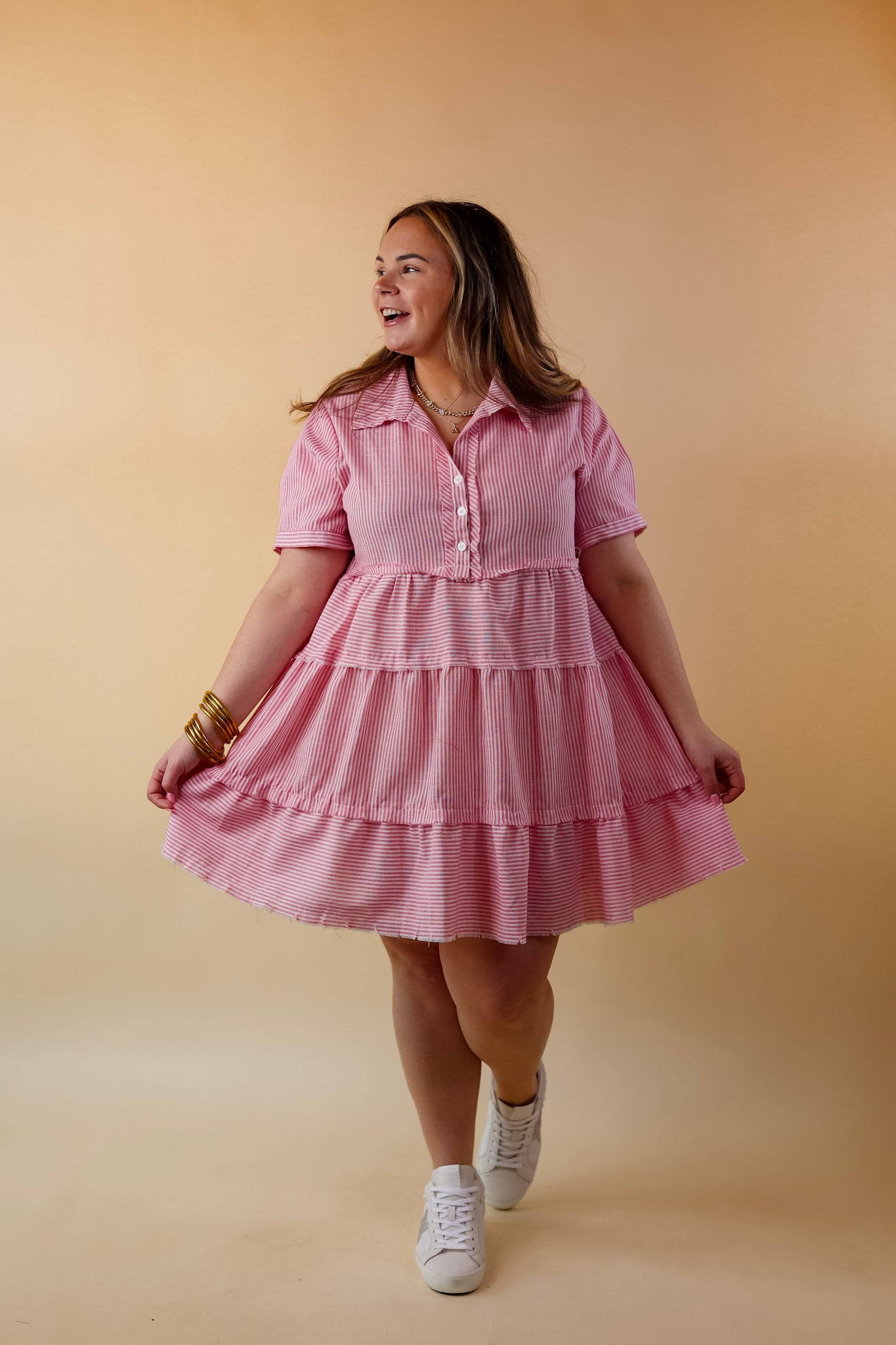 Casual Greetings Collared Pinstripe Dress in Pink and White - Giddy Up Glamour Boutique