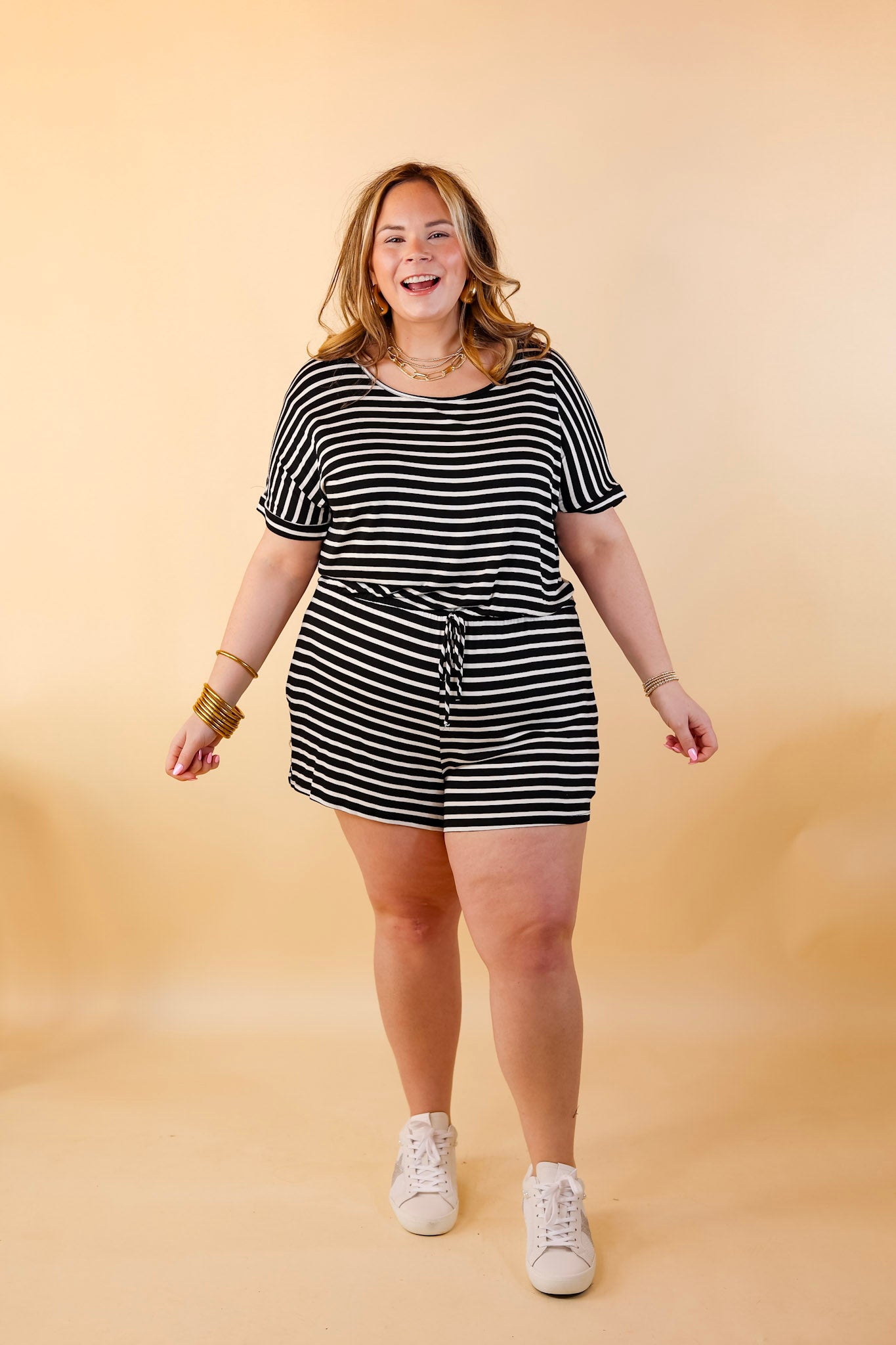 Let Me Loose Striped Short Sleeve Drawstring Waist Tee Shirt Romper in Black and Ivory - Giddy Up Glamour Boutique
