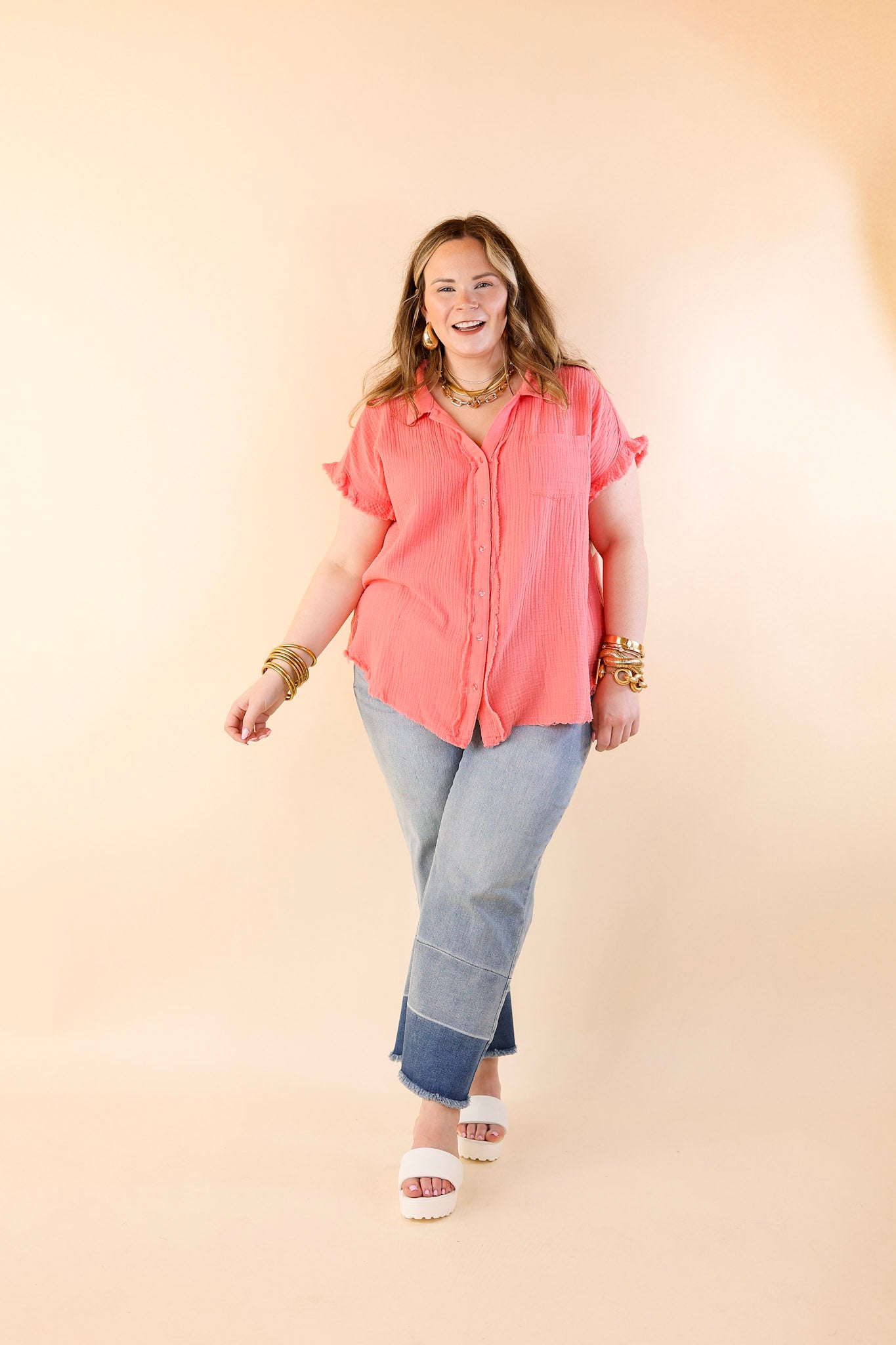 Right On Cue Button Up Raw Hem Top in Coral Pink - Giddy Up Glamour Boutique