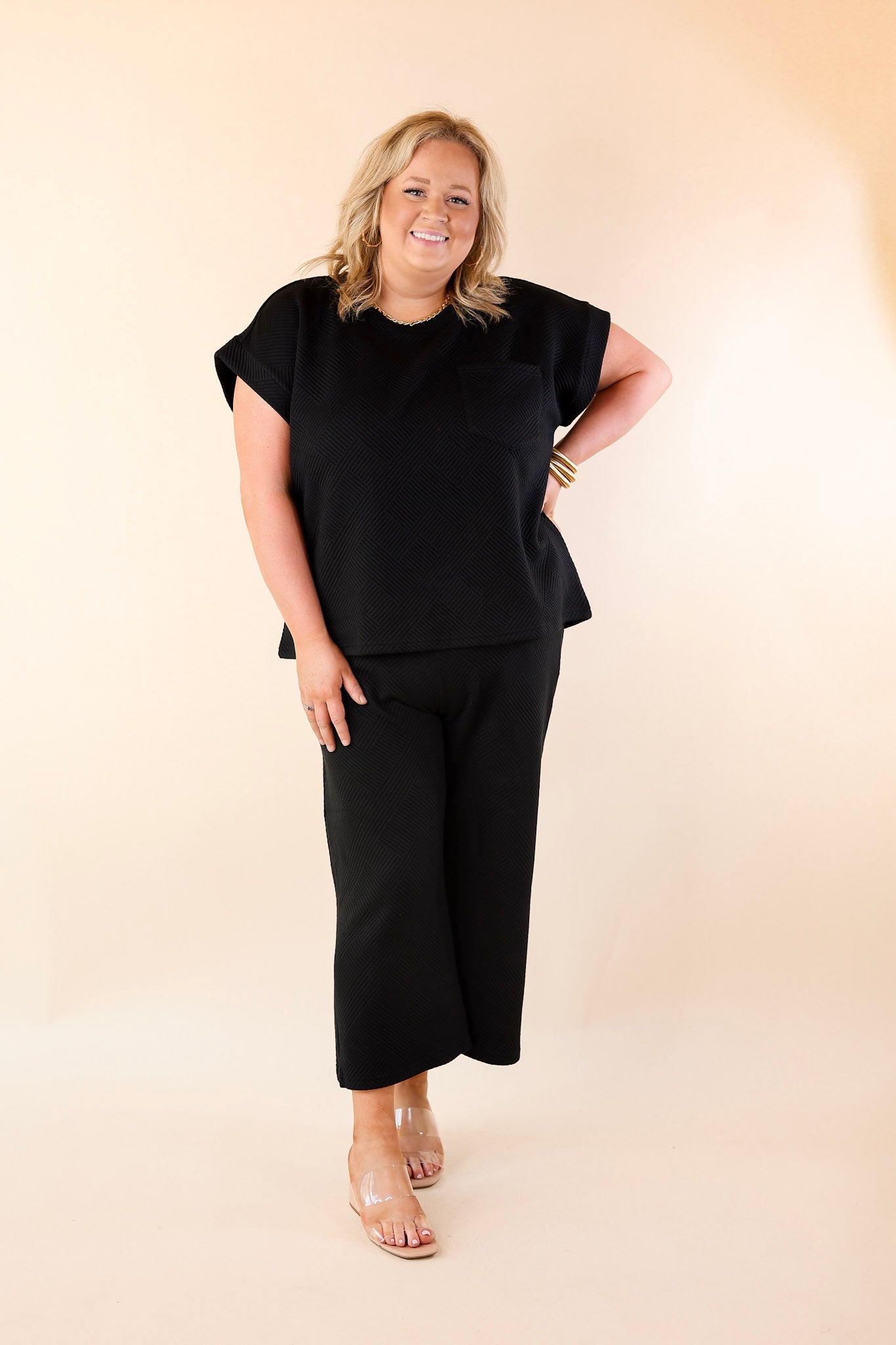 Glamour on the Go Textured Wide Leg Pant in Black - Giddy Up Glamour Boutique