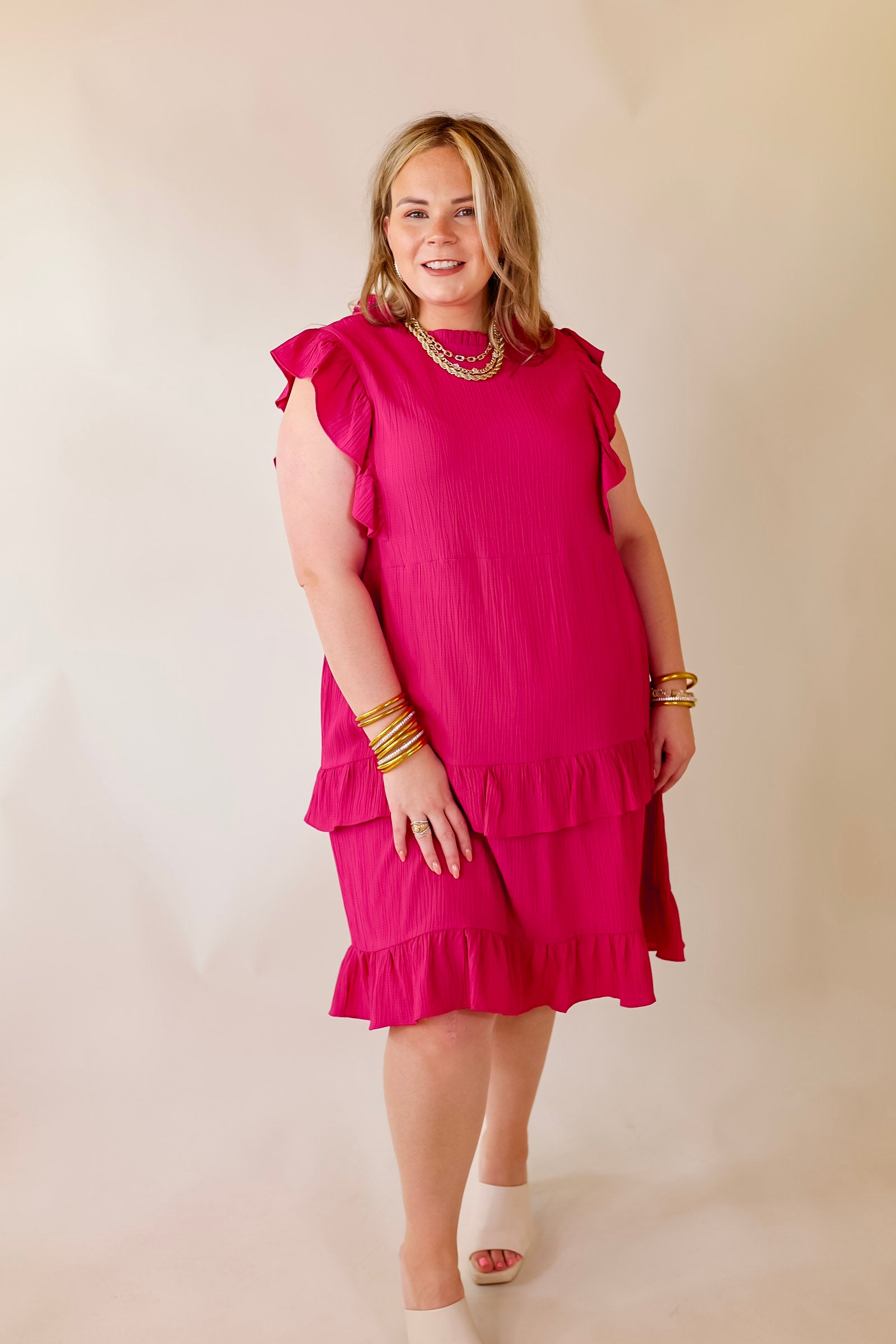 Dreaming Bigger Ruffle Detail Midi Dress in Pink - Giddy Up Glamour Boutique